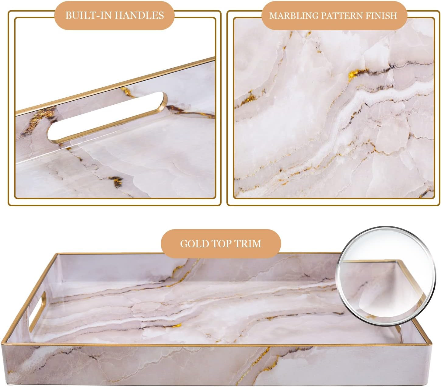 Plastic Decorative Tray, Marbling Tray with Handles, Rectangular Coffee Table Trays, Serving Trays for Ottoman, Bathroom, Kitchen, 15.7” X 11.8”, White