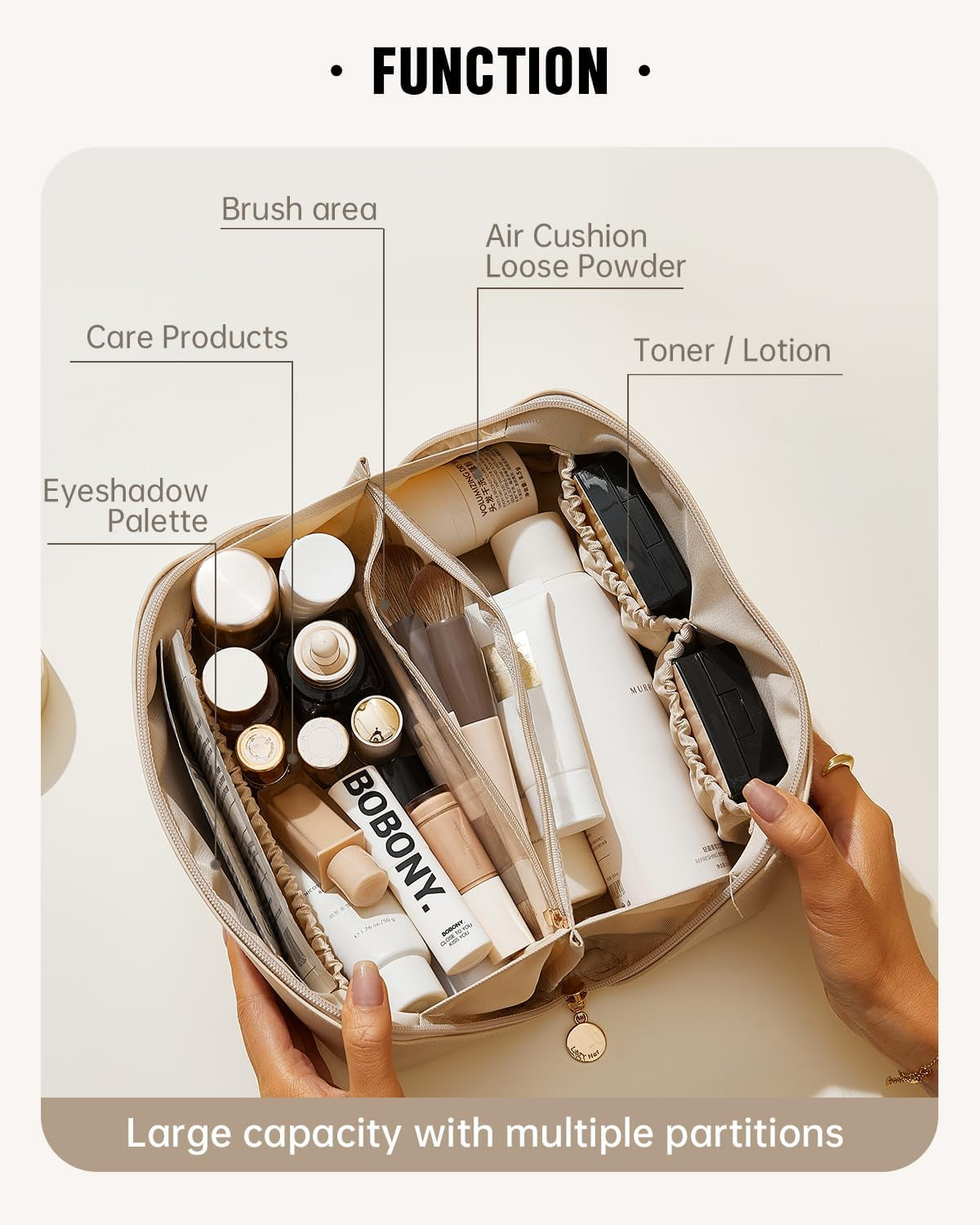 Travel Makeup Bag, Large Capacity Cosmetic Bag for Women, Waterproof PU Leather, Flat Open Portable Toiletry Bag for Skincare, Brushes & Travel Essentials
