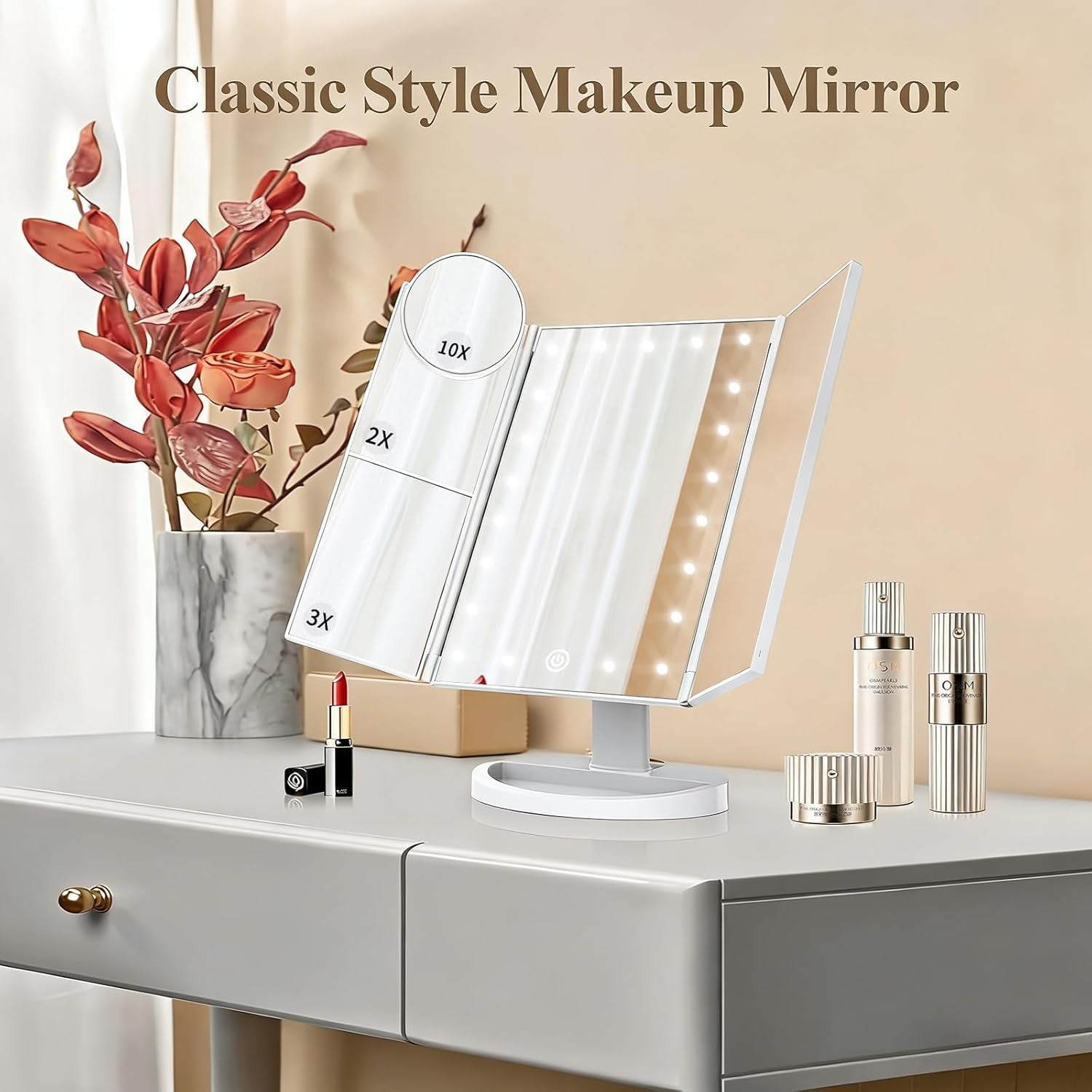 Makeup Mirror, Vanity Mirror with Lights, 2X/3X/10X Magnification, Touch Control, Trifold, Dual Power Supply, Birthday Gifts for Women, Wife, Mom, Girls,Dorm Room Essentials