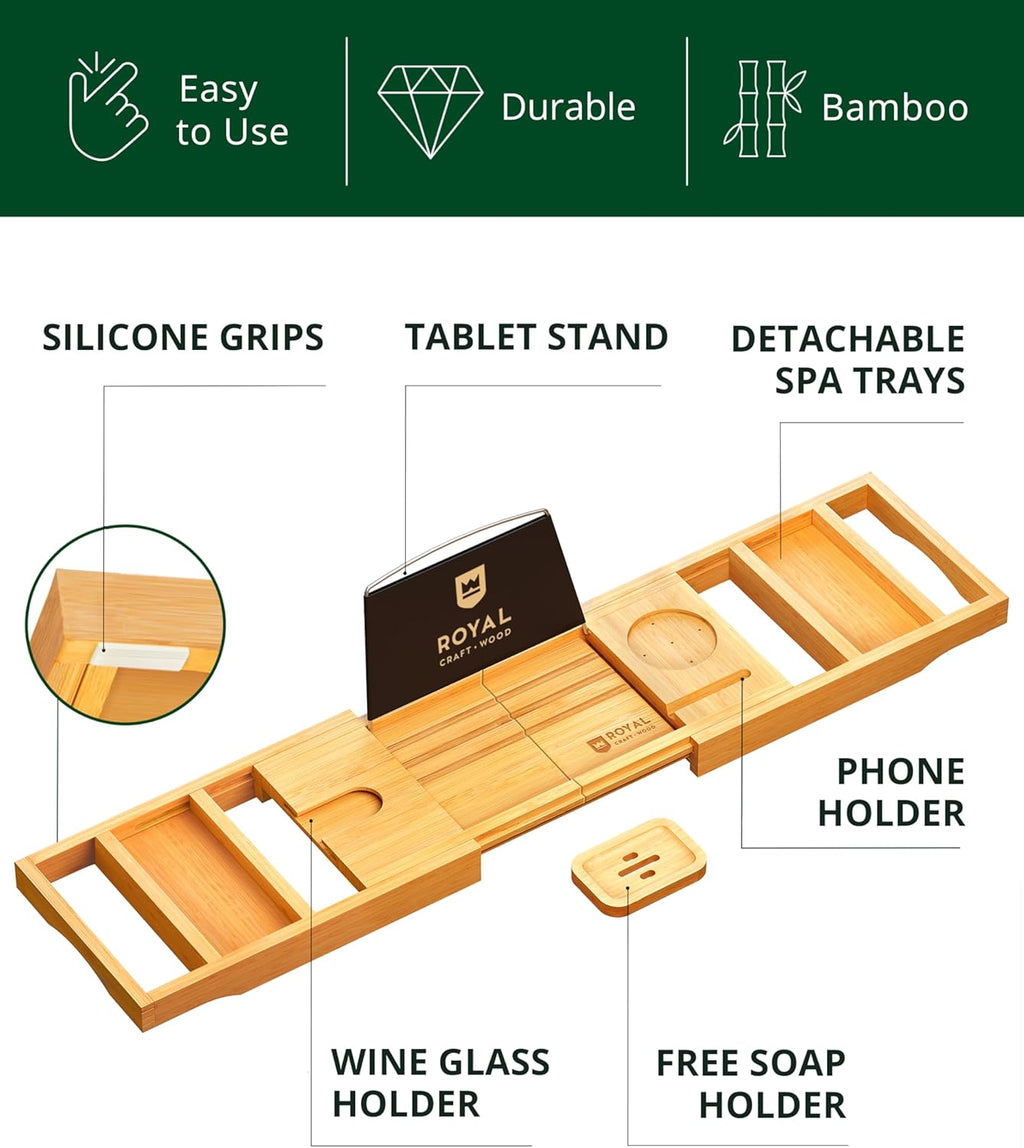 Premium Foldable Bathtub Tray Caddy - Wood Bath Tray for Tub, Bamboo Shelf, Expandable Bath Table Trays, Bathtub & Bathroom Accessories for New Home & Mothers, Birthday Gifts for Mom
