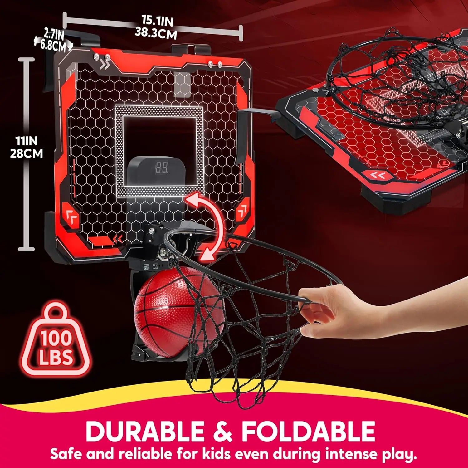 Mini Indoor Basketball Hoop Light up over the Door Basket Ball Hoop for Kids Toys Birthday Gifts with Scoreboard & 4 Balls