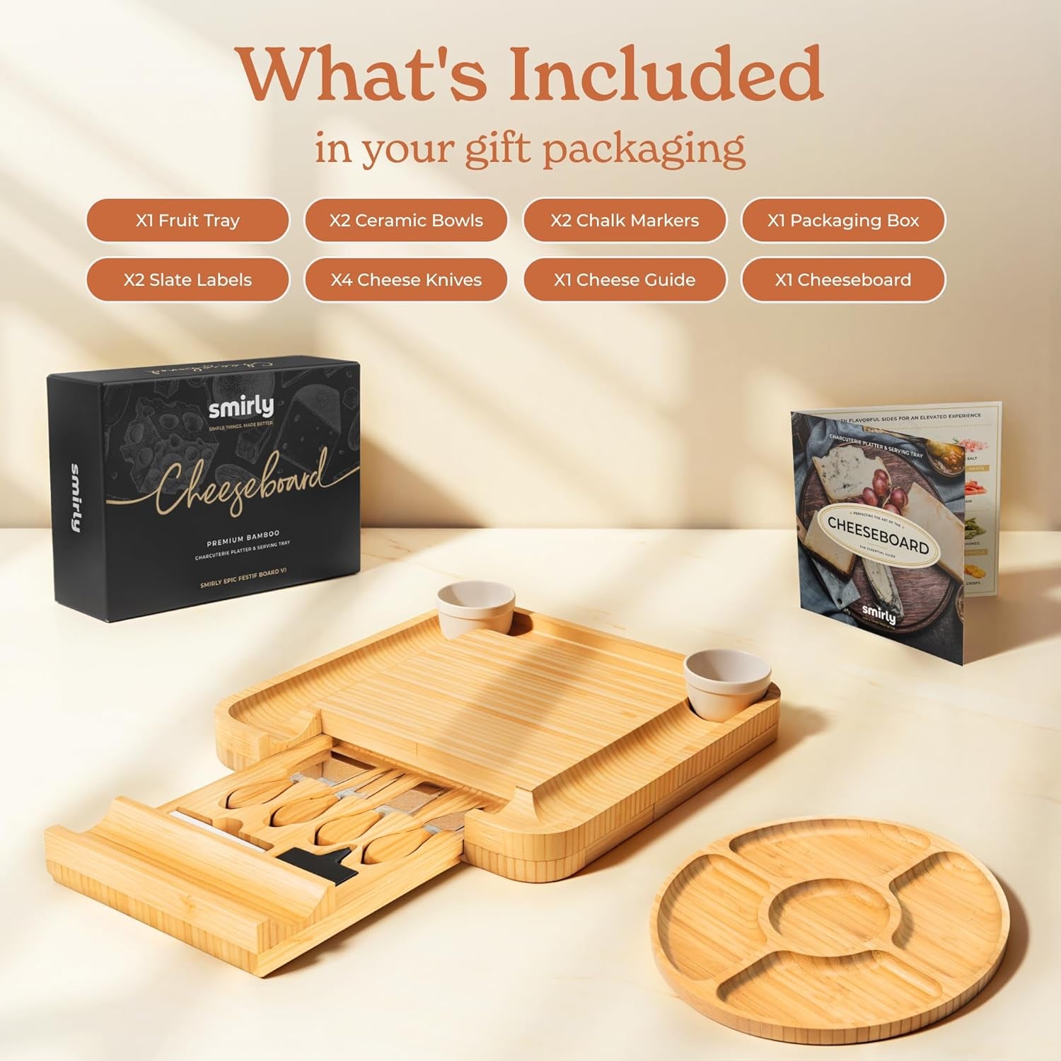Charcuterie Large Bamboo Cheese Board Set for Serving - House Warming Gifts for New Home, Wedding, Bridal Shower & Birthday, for Women