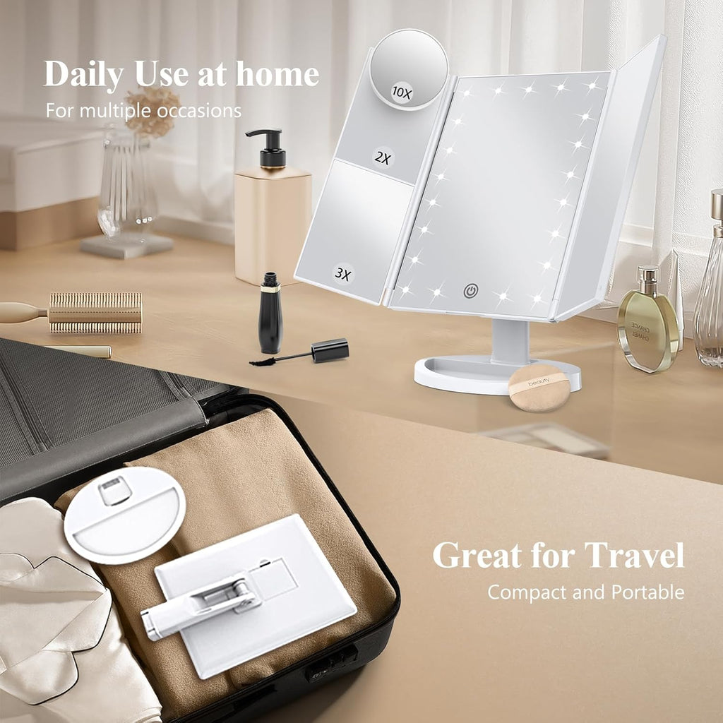 Makeup Mirror, Vanity Mirror with Lights, 2X/3X/10X Magnification, Touch Control, Trifold, Dual Power Supply, Birthday Gifts for Women, Wife, Mom, Girls,Dorm Room Essentials