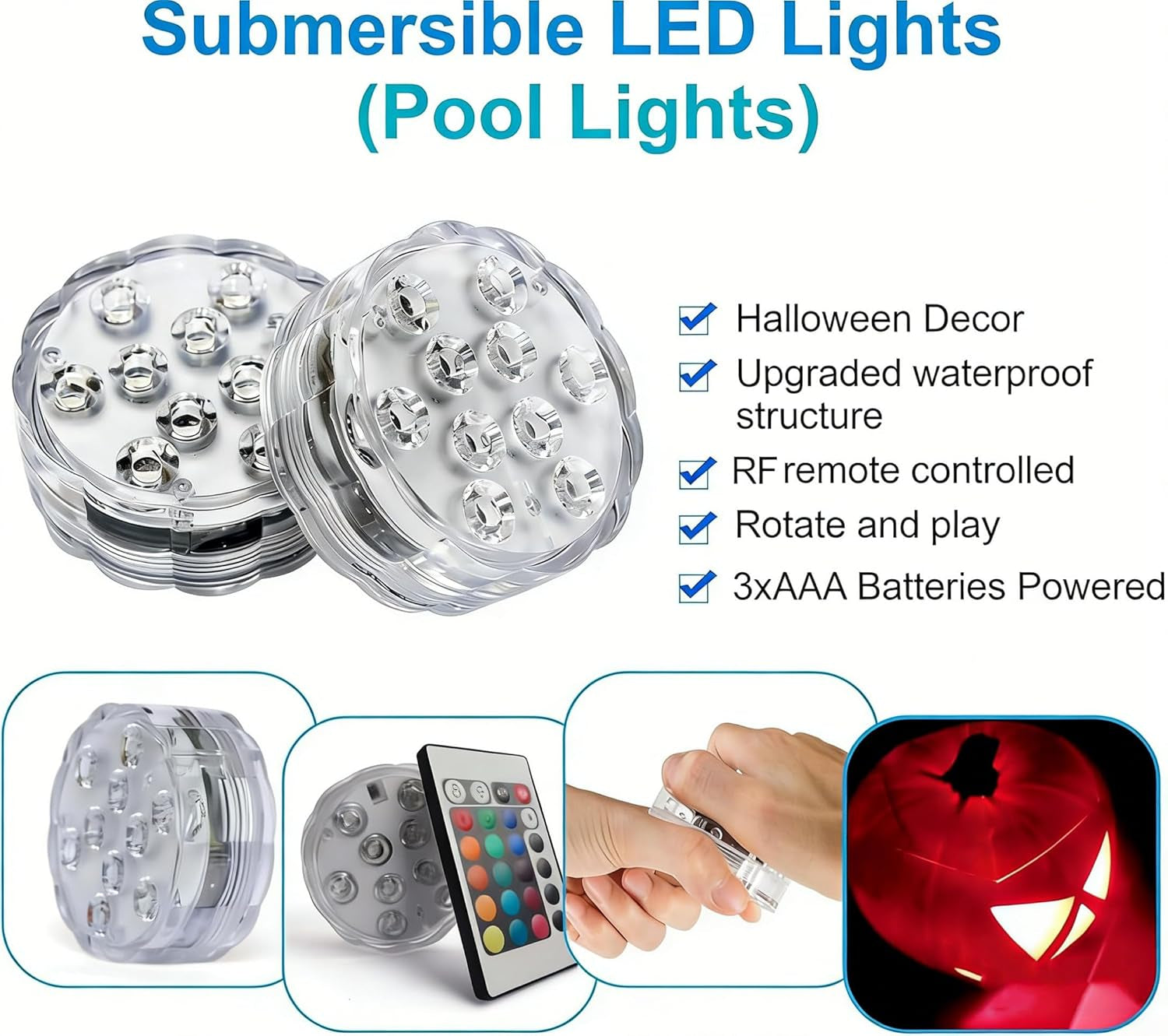 Submersible LED Lights with Remote, 16 Colors 4 Modes Battery Powered Waterproof LED Pool Lights for Inground Pool above Ground Pool Bathtub Decoration (4 Packs)