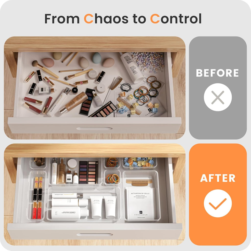 【Military Grade】 Drawer Organizer, 【𝟱𝗦𝗶𝘇𝗲】 Makeup Organizer, 【Holds 177 Items】 Bathroom Organizers and Storage, Organization and Storage, Desk Drawer Organizer for Vanity (Clear)