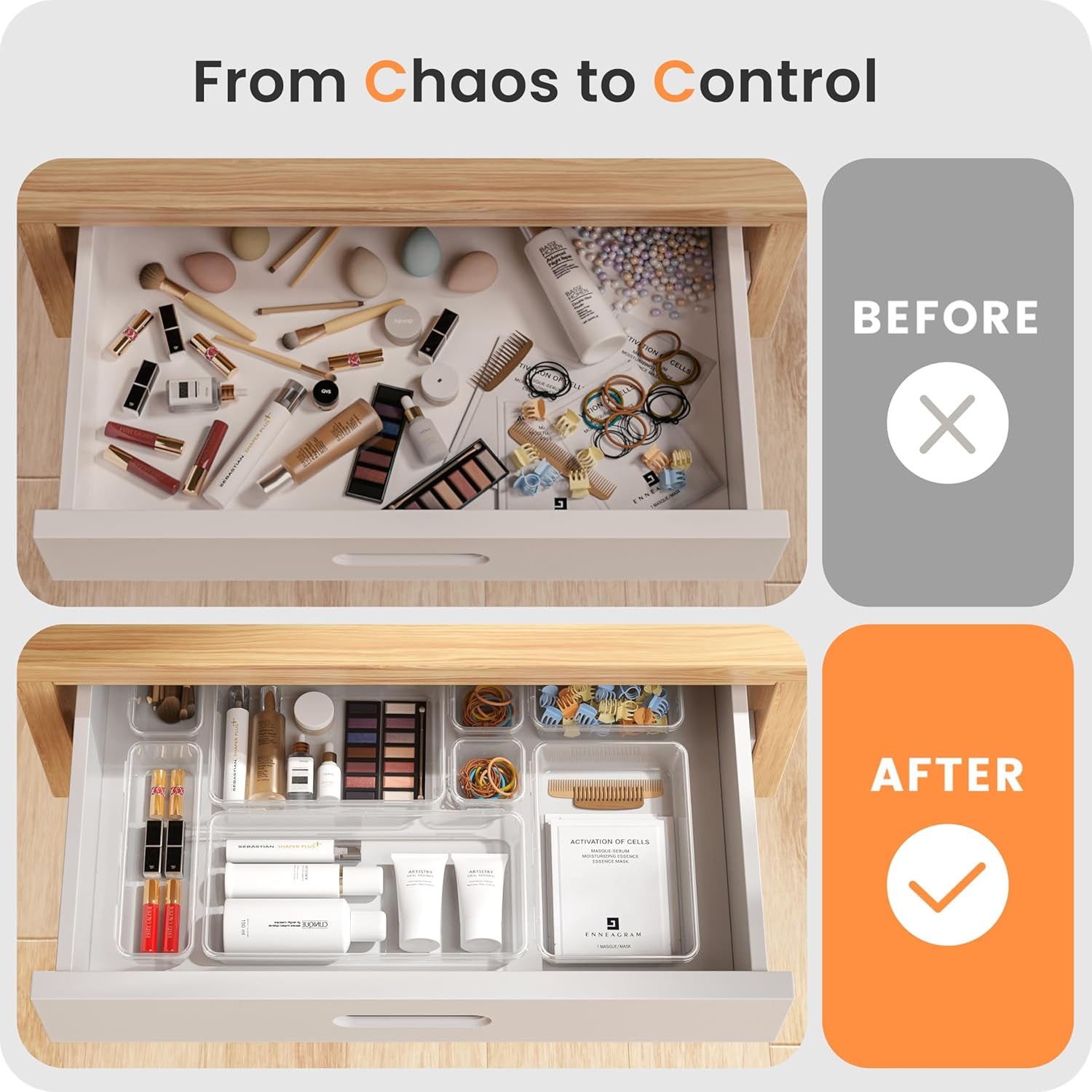 【Military Grade】 Drawer Organizer, 【𝟱𝗦𝗶𝘇𝗲】 Makeup Organizer, 【Holds 177 Items】 Bathroom Organizers and Storage, Organization and Storage, Desk Drawer Organizer for Vanity (Clear)