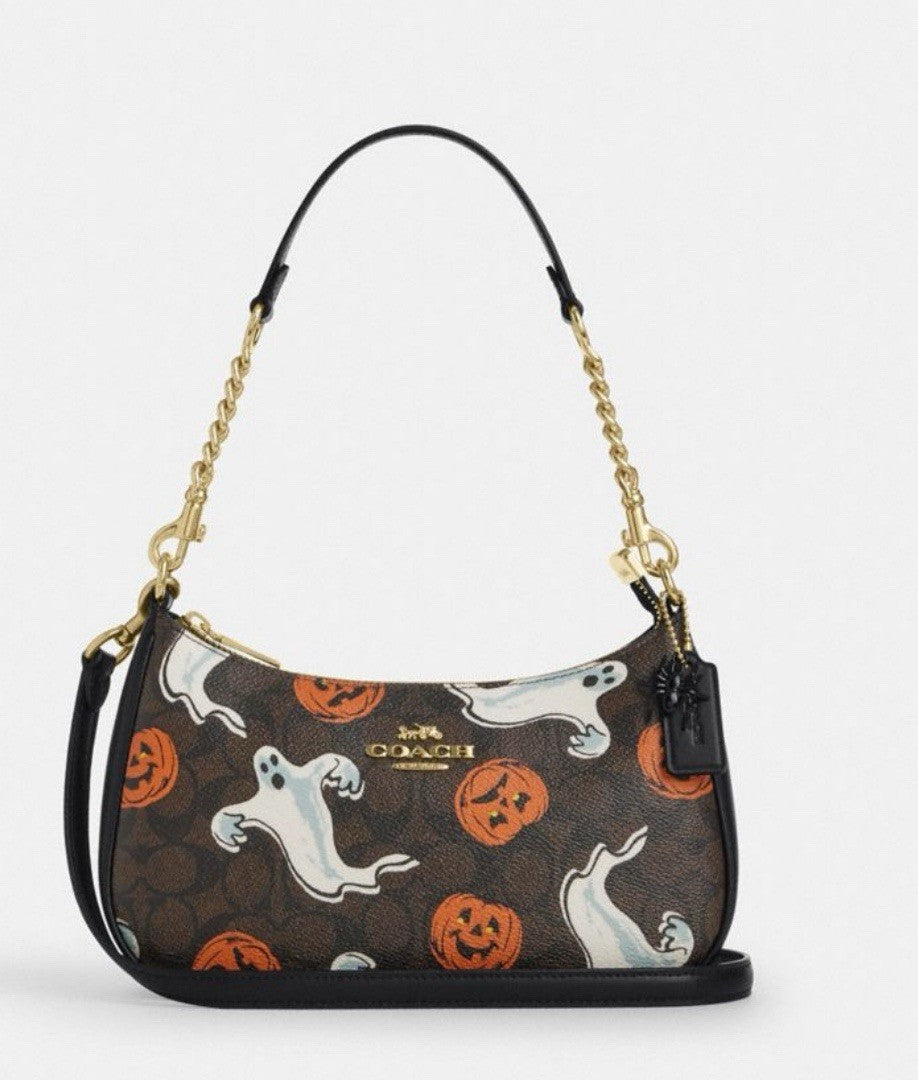 NWT Coach Teri Shoulder Bag in Signature Canvas Pumpkin Halloween Print CCE71
