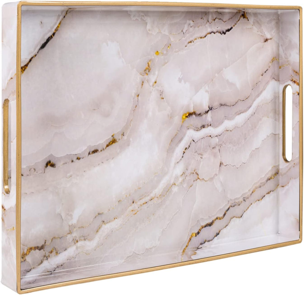 Plastic Decorative Tray, Marbling Tray with Handles, Rectangular Coffee Table Trays, Serving Trays for Ottoman, Bathroom, Kitchen, 15.7” X 11.8”, White