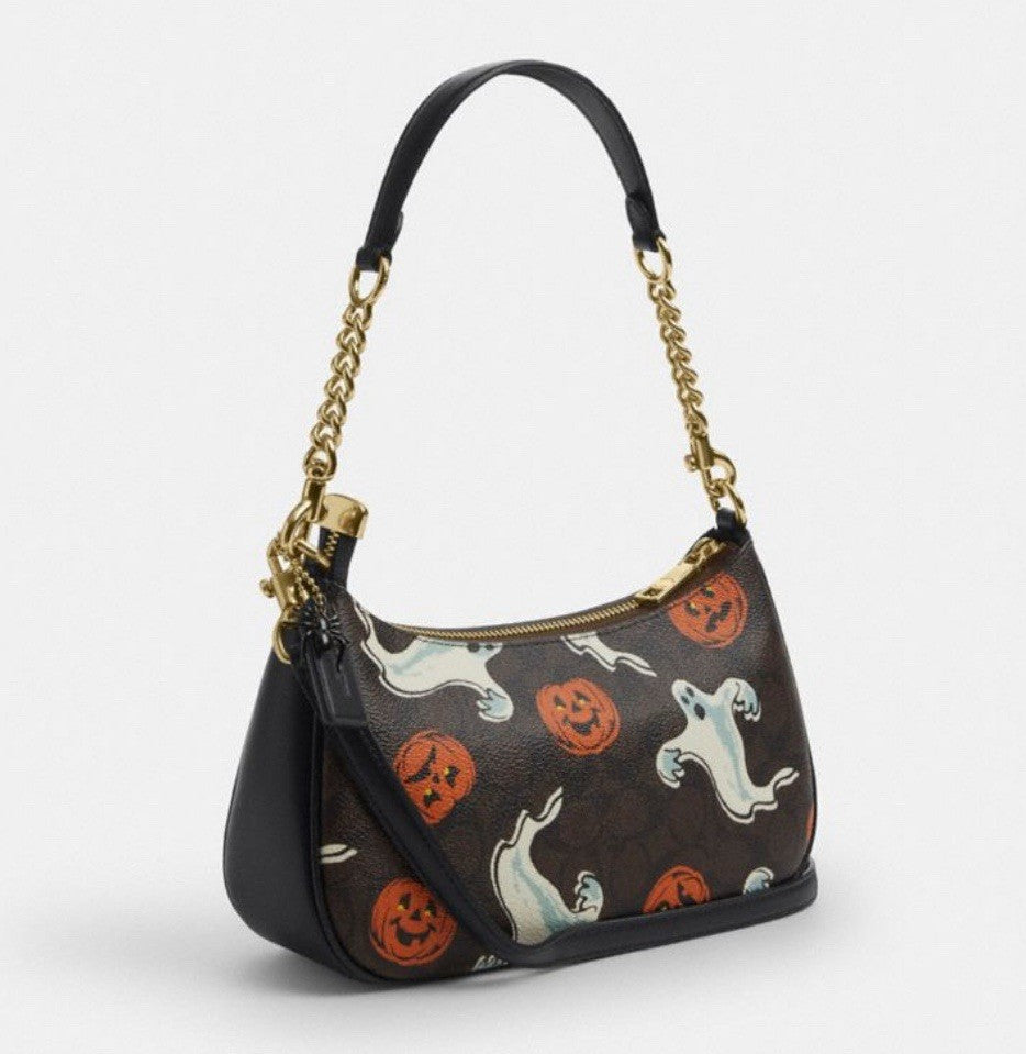 NWT Coach Teri Shoulder Bag in Signature Canvas Pumpkin Halloween Print CCE71