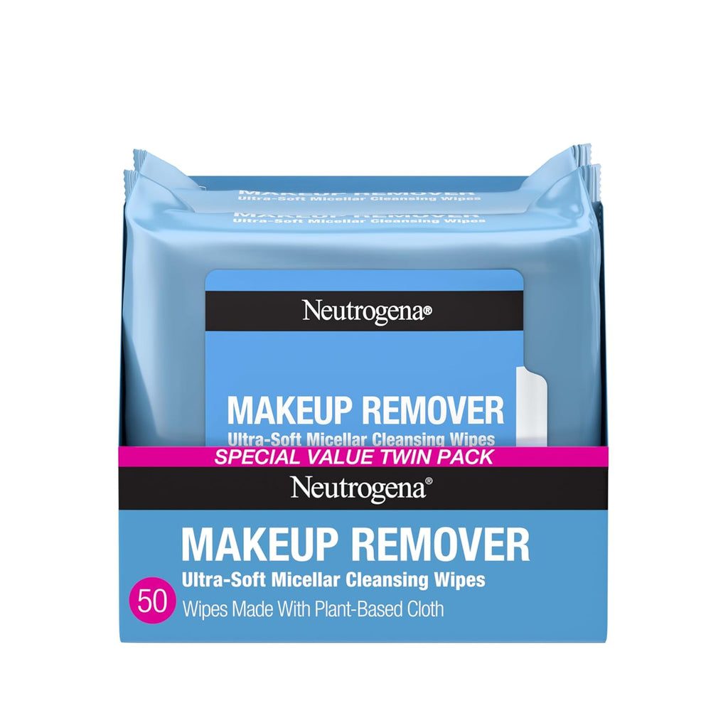 Neutrogena Makeup Remover Wipes Micellar Alcohol-Free Face Towelettes Remove Waterproof Mascara & Oil, Compostable 100% Plant-Based Cloth, Dermatologist & Ophthalmologist Tested, Twin Pack 2 X 25 Ct