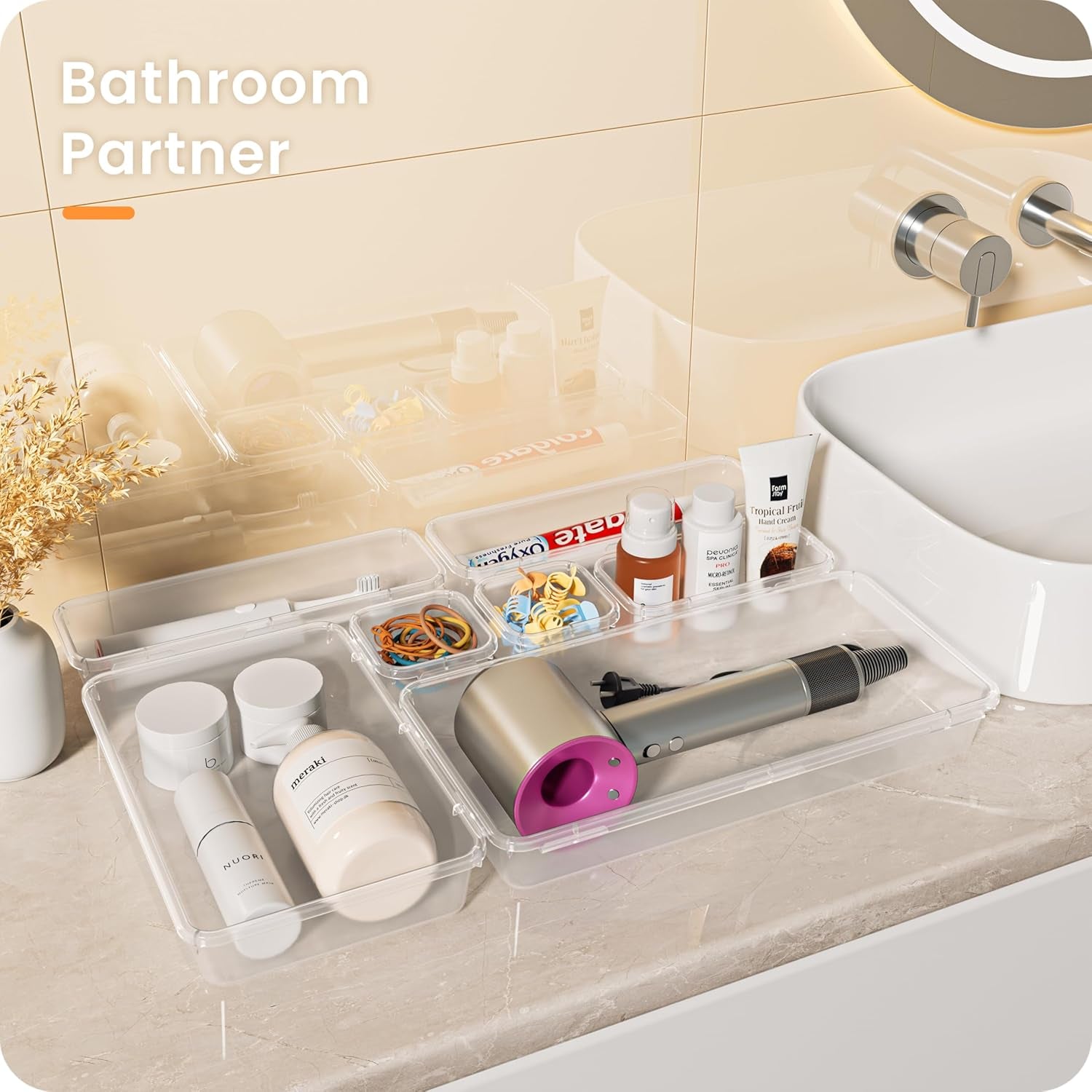 【Military Grade】 Drawer Organizer, 【𝟱𝗦𝗶𝘇𝗲】 Makeup Organizer, 【Holds 177 Items】 Bathroom Organizers and Storage, Organization and Storage, Desk Drawer Organizer for Vanity (Clear)