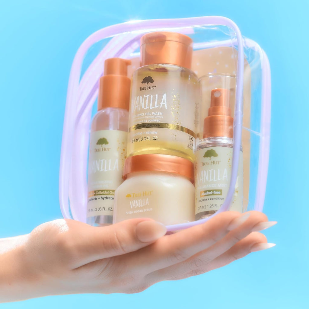 Vanilla Everything Shower Gift Set for Women, Exfoliating Body Scrub, Body Wash, Shave Oil & Body Spray, Self Care Gift Set, Hydrating & Moisturizing with Shea Butter, Travel Size