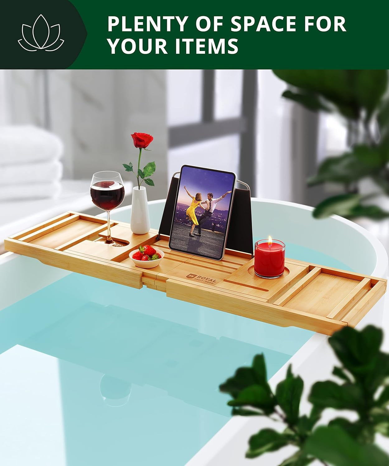 Premium Foldable Bathtub Tray Caddy - Wood Bath Tray for Tub, Bamboo Shelf, Expandable Bath Table Trays, Bathtub & Bathroom Accessories for New Home & Mothers, Birthday Gifts for Mom
