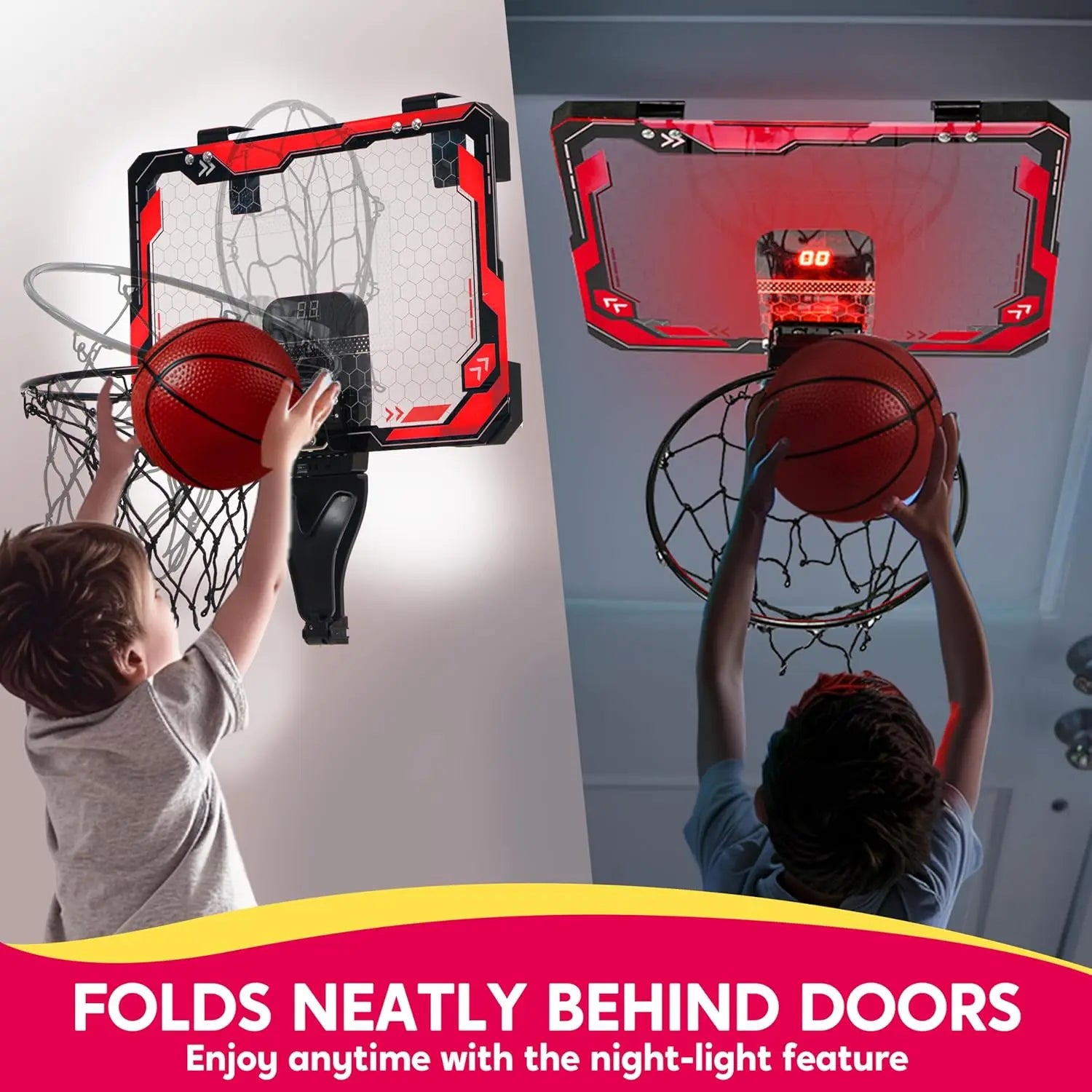 Mini Indoor Basketball Hoop Light up over the Door Basket Ball Hoop for Kids Toys Birthday Gifts with Scoreboard & 4 Balls