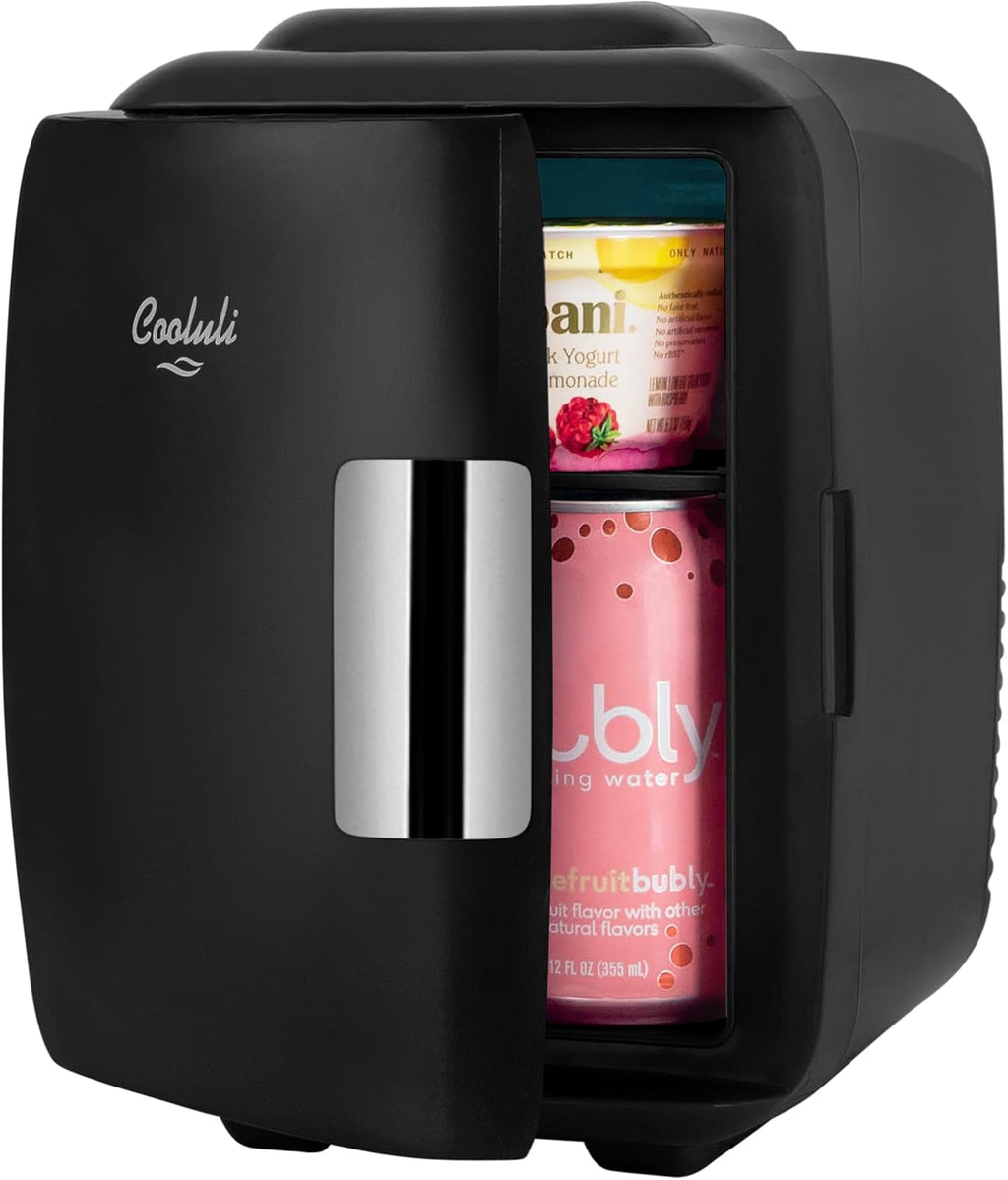 Mini Fridge for Bedroom - Car, Office Desk & Dorm Room - Portable 4L/6 Can Electric Plug in Cooler & Warmer for Food, Drinks, Skincare Beauty & Makeup - 12V AC/DC & Exclusive USB Option, Black