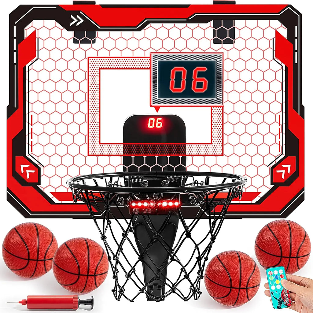 Mini Indoor Basketball Hoop Light up over the Door Basket Ball Hoop for Kids Toys Birthday Gifts with Scoreboard & 4 Balls
