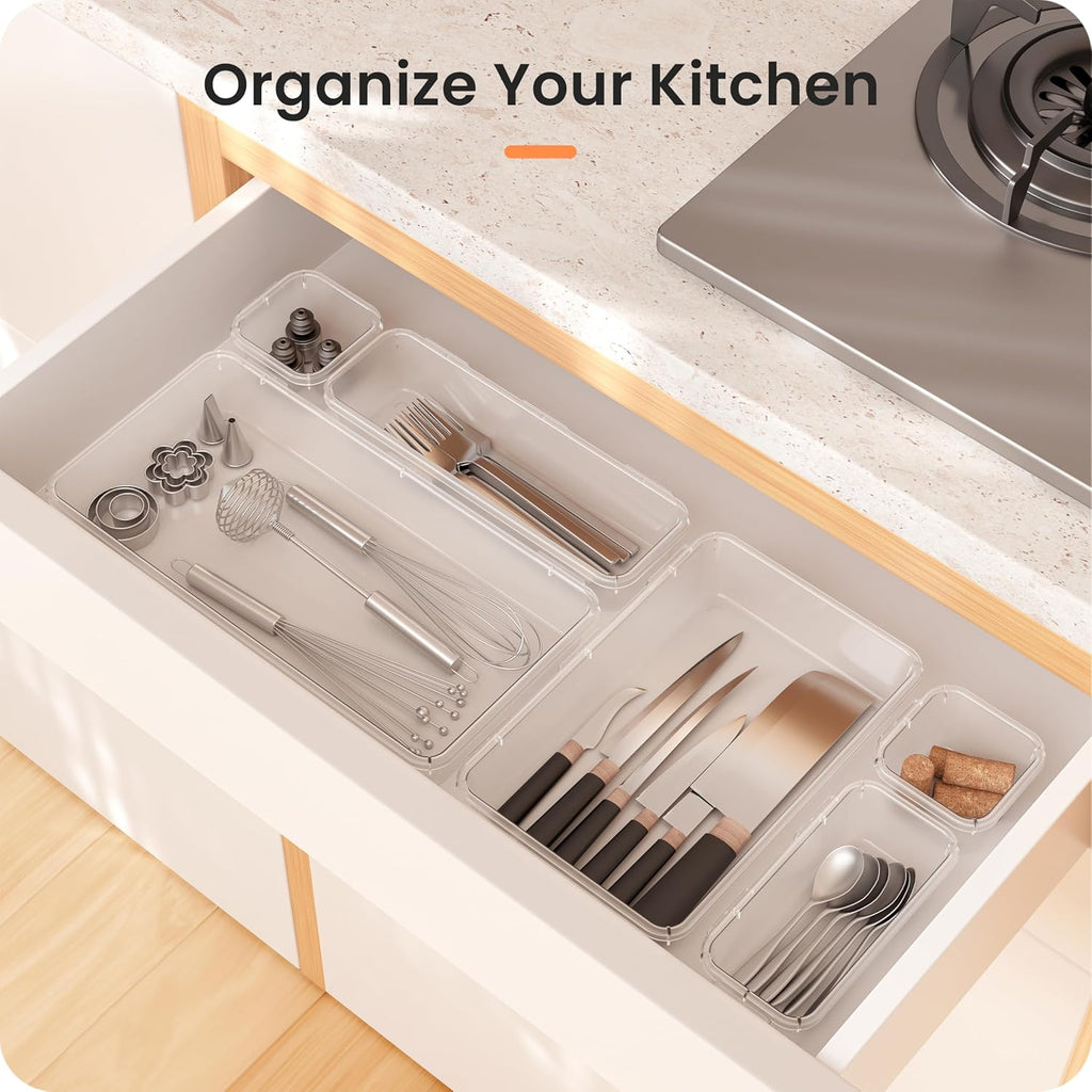 【Military Grade】 Drawer Organizer, 【𝟱𝗦𝗶𝘇𝗲】 Makeup Organizer, 【Holds 177 Items】 Bathroom Organizers and Storage, Organization and Storage, Desk Drawer Organizer for Vanity (Clear)
