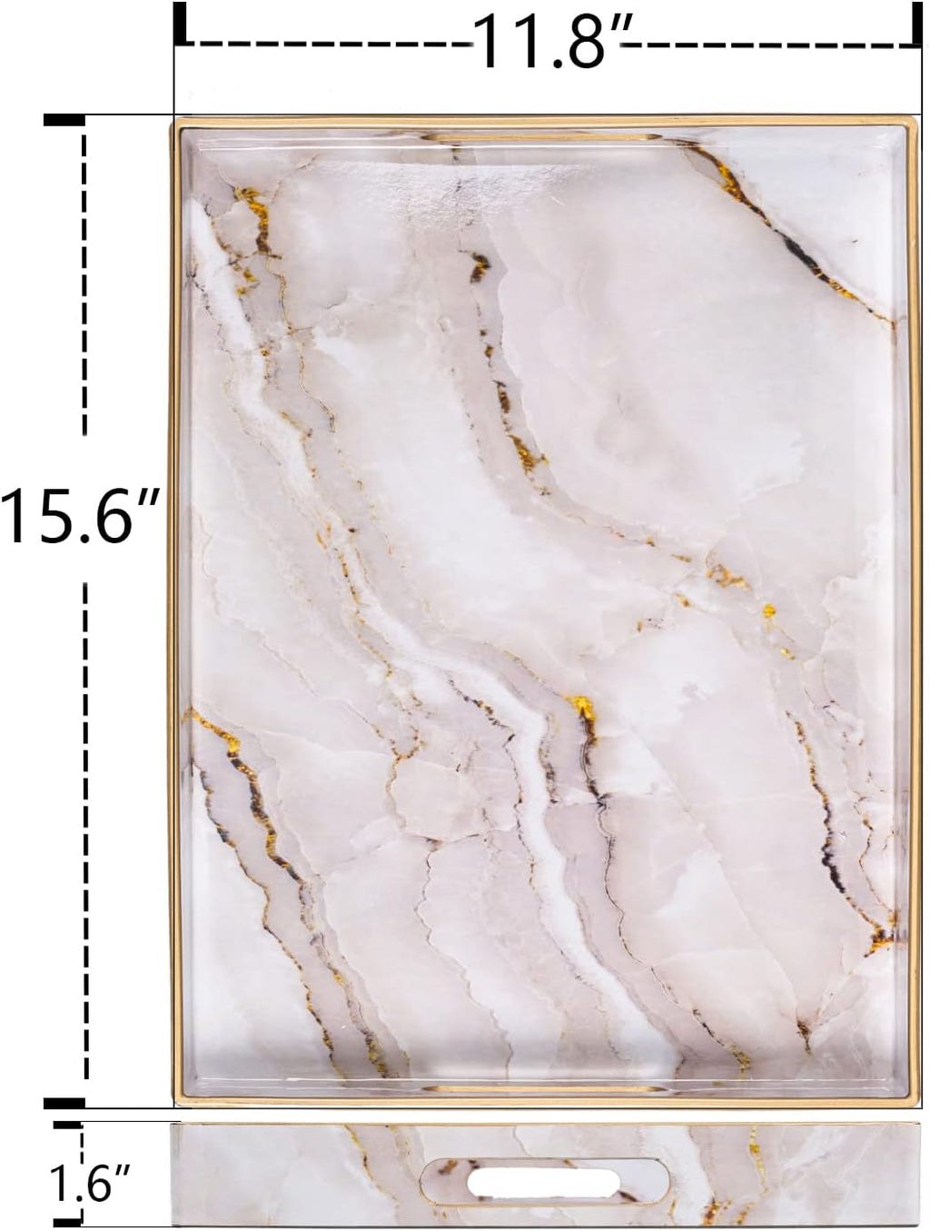 Plastic Decorative Tray, Marbling Tray with Handles, Rectangular Coffee Table Trays, Serving Trays for Ottoman, Bathroom, Kitchen, 15.7” X 11.8”, White