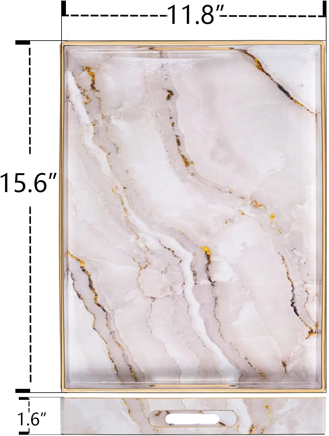 Plastic Decorative Tray, Marbling Tray with Handles, Rectangular Coffee Table Trays, Serving Trays for Ottoman, Bathroom, Kitchen, 15.7” X 11.8”, White