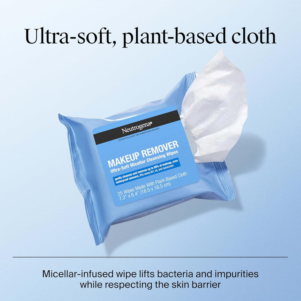 Neutrogena Makeup Remover Wipes Micellar Alcohol-Free Face Towelettes Remove Waterproof Mascara & Oil, Compostable 100% Plant-Based Cloth, Dermatologist & Ophthalmologist Tested, Twin Pack 2 X 25 Ct