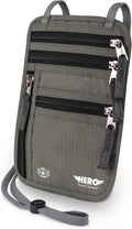 HERO Neck Wallet - RFID Blocking Passport Holder, Easy to Conceal Travel Pouch (Army Grey)
