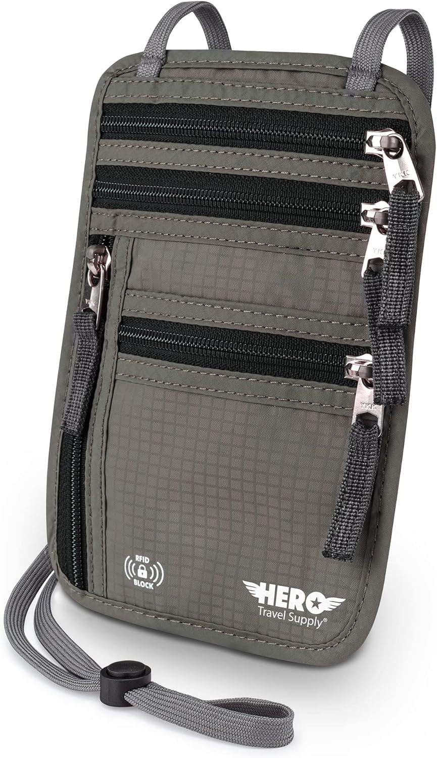 HERO Neck Wallet - RFID Blocking Passport Holder, Easy to Conceal Travel Pouch (Army Grey)