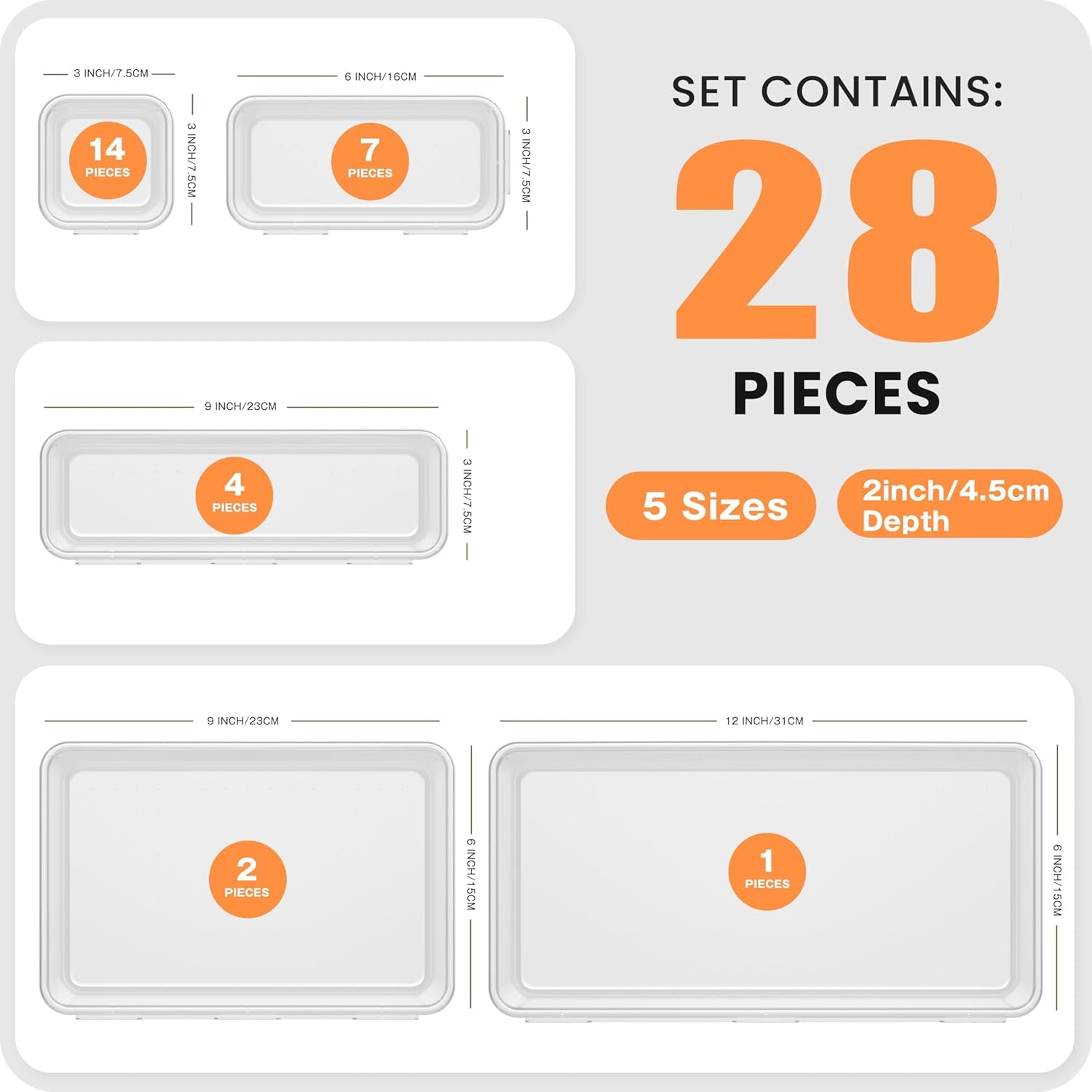 【Military Grade】 Drawer Organizer, 【𝟱𝗦𝗶𝘇𝗲】 Makeup Organizer, 【Holds 177 Items】 Bathroom Organizers and Storage, Organization and Storage, Desk Drawer Organizer for Vanity (Clear)