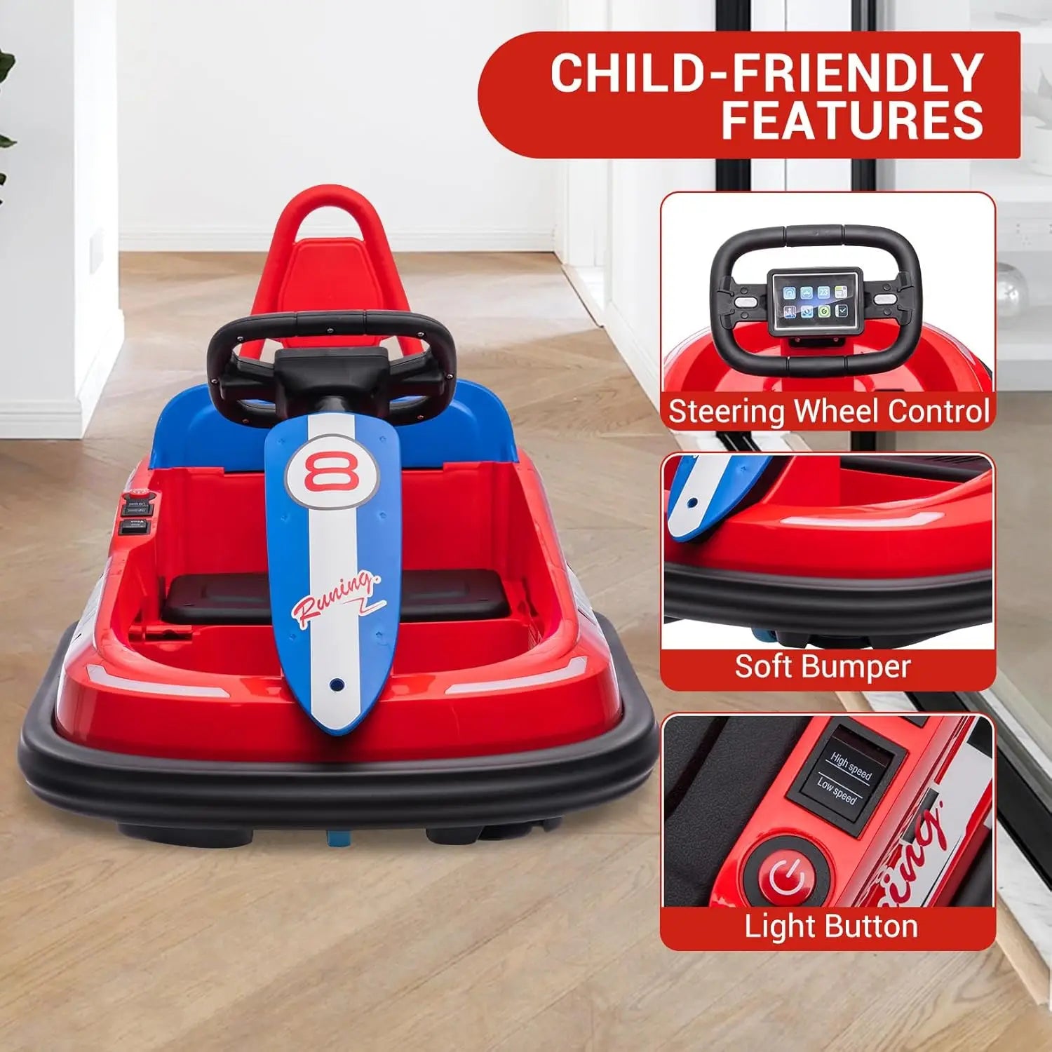 Kids Electric Bumper Car 6V Ride-On Toy with 360° Rubber Guard Dual 15W Motors Steering Wheel Control 2-Speed Ride-On Vehicle