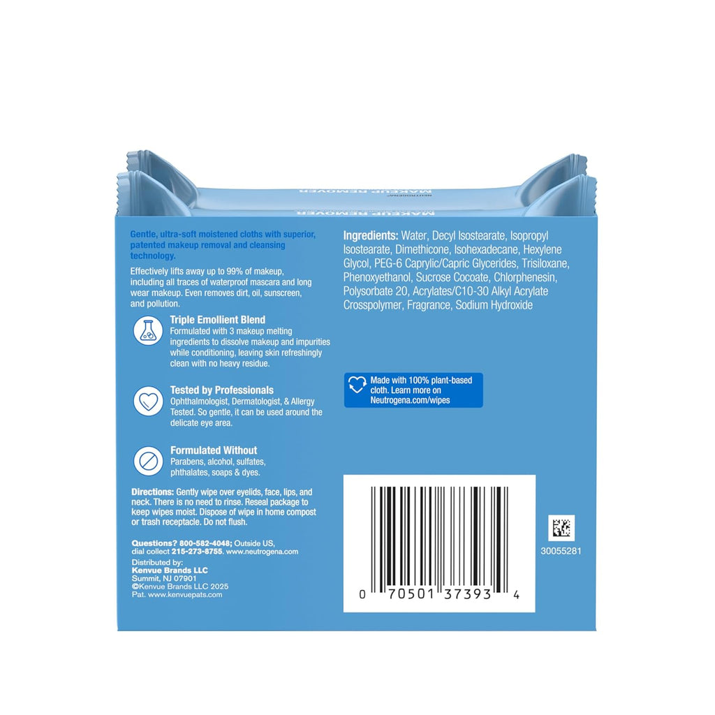 Neutrogena Makeup Remover Wipes Micellar Alcohol-Free Face Towelettes Remove Waterproof Mascara & Oil, Compostable 100% Plant-Based Cloth, Dermatologist & Ophthalmologist Tested, Twin Pack 2 X 25 Ct
