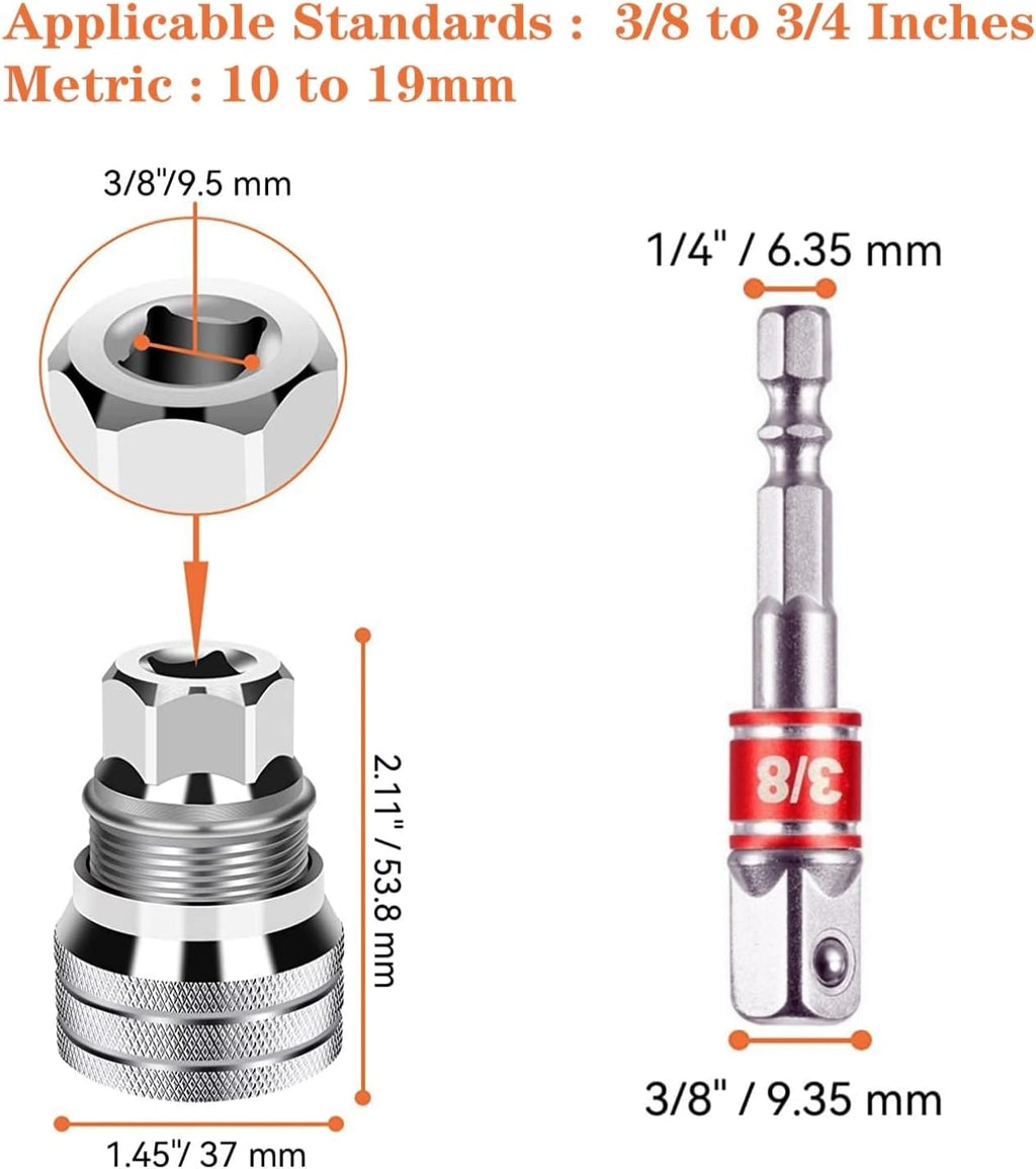 Universal Adjustable Socket Wrench with Adapter, 10-19Mm, 3/8''-3/4'' Ratchet Wrench, Updated Adjustable Drive Socket Wrench Sleeve for 3/8" Drive Ratchet Torque Wrench and Power Drill