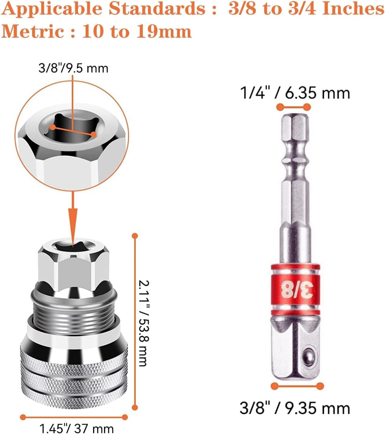 Universal Adjustable Socket Wrench with Adapter, 10-19Mm, 3/8''-3/4'' Ratchet Wrench, Updated Adjustable Drive Socket Wrench Sleeve for 3/8" Drive Ratchet Torque Wrench and Power Drill