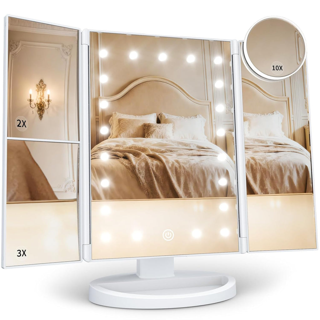Makeup Mirror, Vanity Mirror with Lights, 2X/3X/10X Magnification, Touch Control, Trifold, Dual Power Supply, Birthday Gifts for Women, Wife, Mom, Girls,Dorm Room Essentials