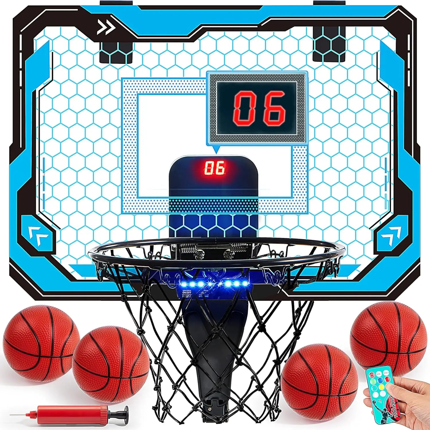 Mini Indoor Basketball Hoop Light up over the Door Basket Ball Hoop for Kids Toys Birthday Gifts with Scoreboard & 4 Balls
