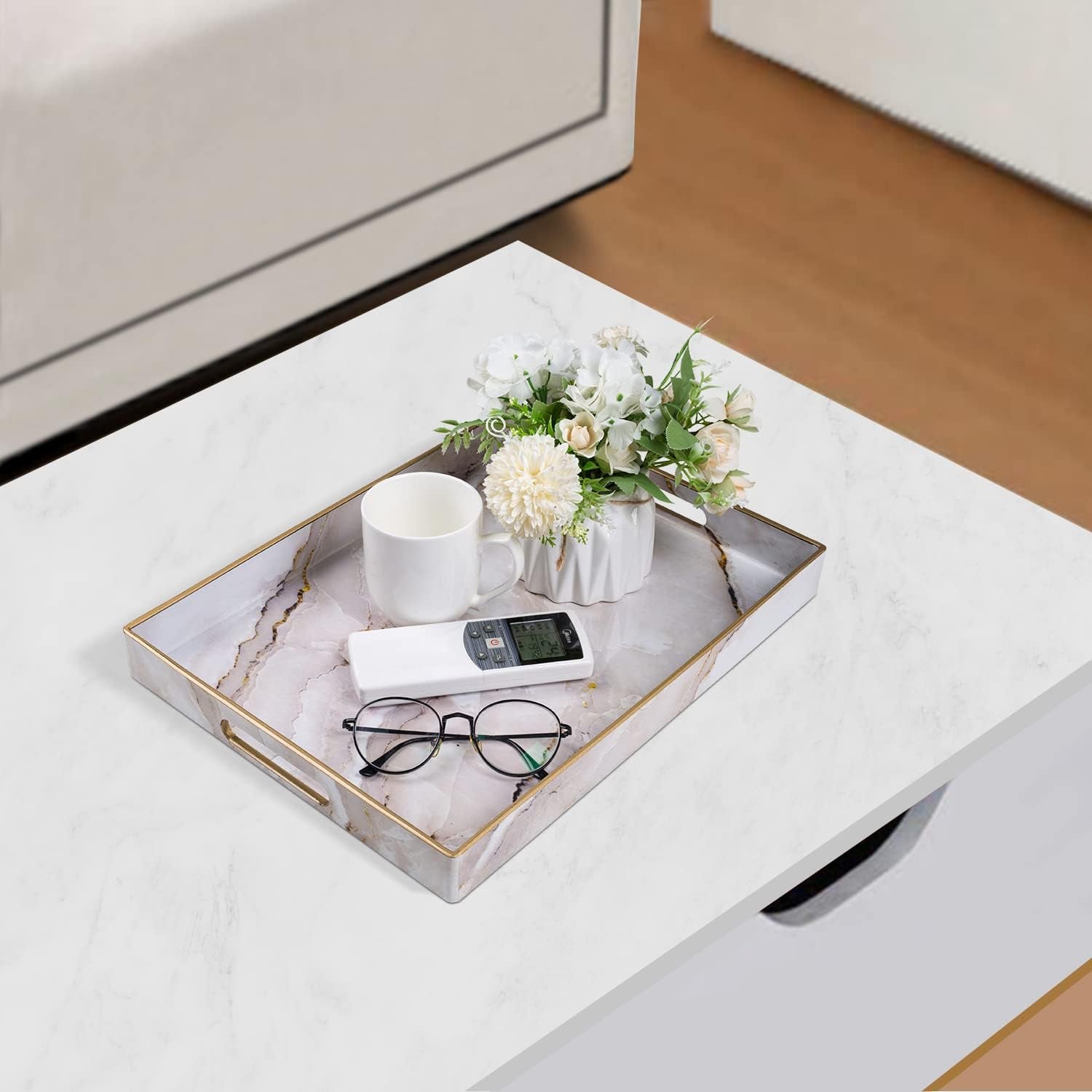 Plastic Decorative Tray, Marbling Tray with Handles, Rectangular Coffee Table Trays, Serving Trays for Ottoman, Bathroom, Kitchen, 15.7” X 11.8”, White
