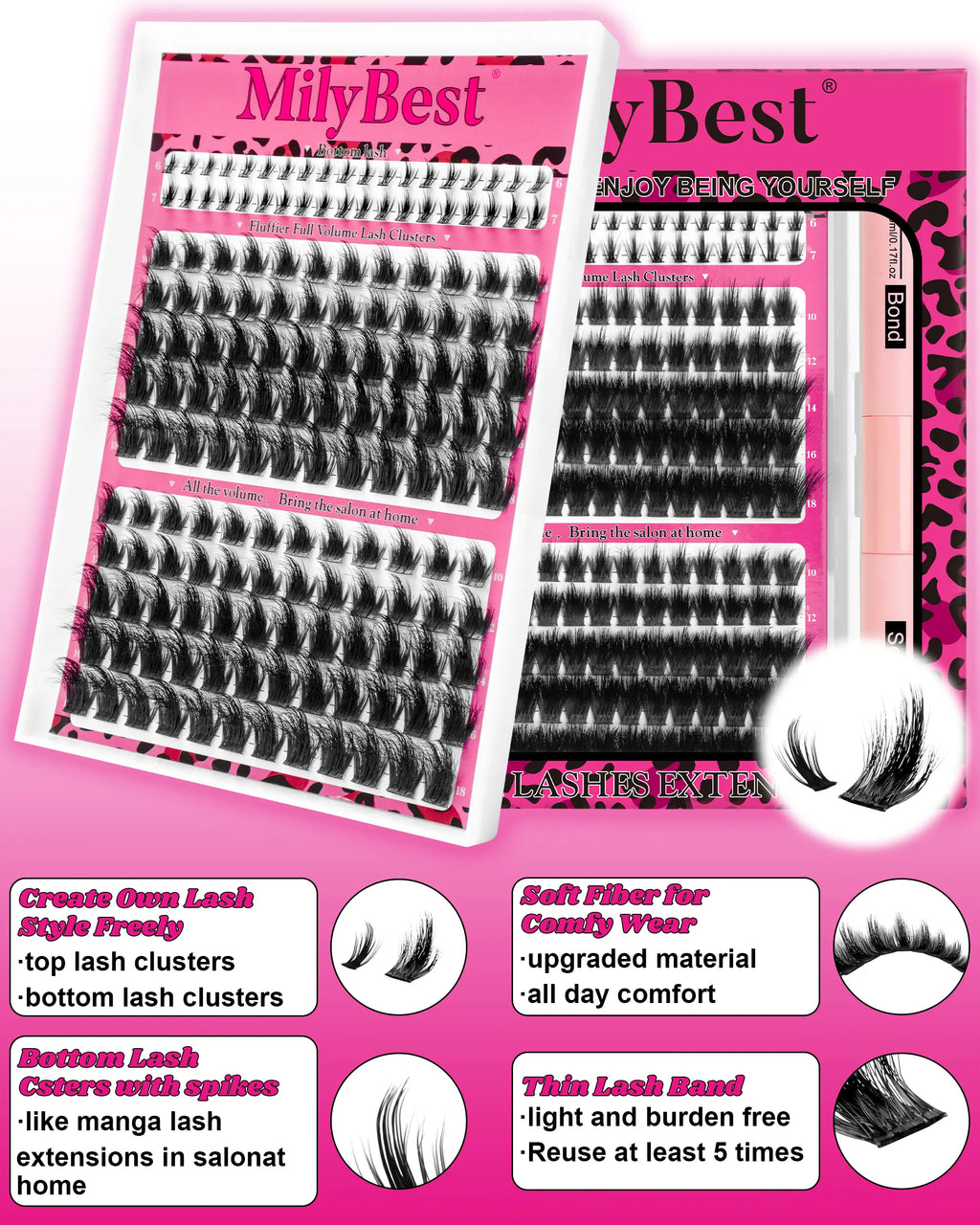 Milybest Cove Eyelashes ,1 Set Mixed Length Individval Eyelash Extensions Kit,Self Grafting False Eyelashes with Tweezers&Glue&,Prefessional Eye Makeup Accessories for Women