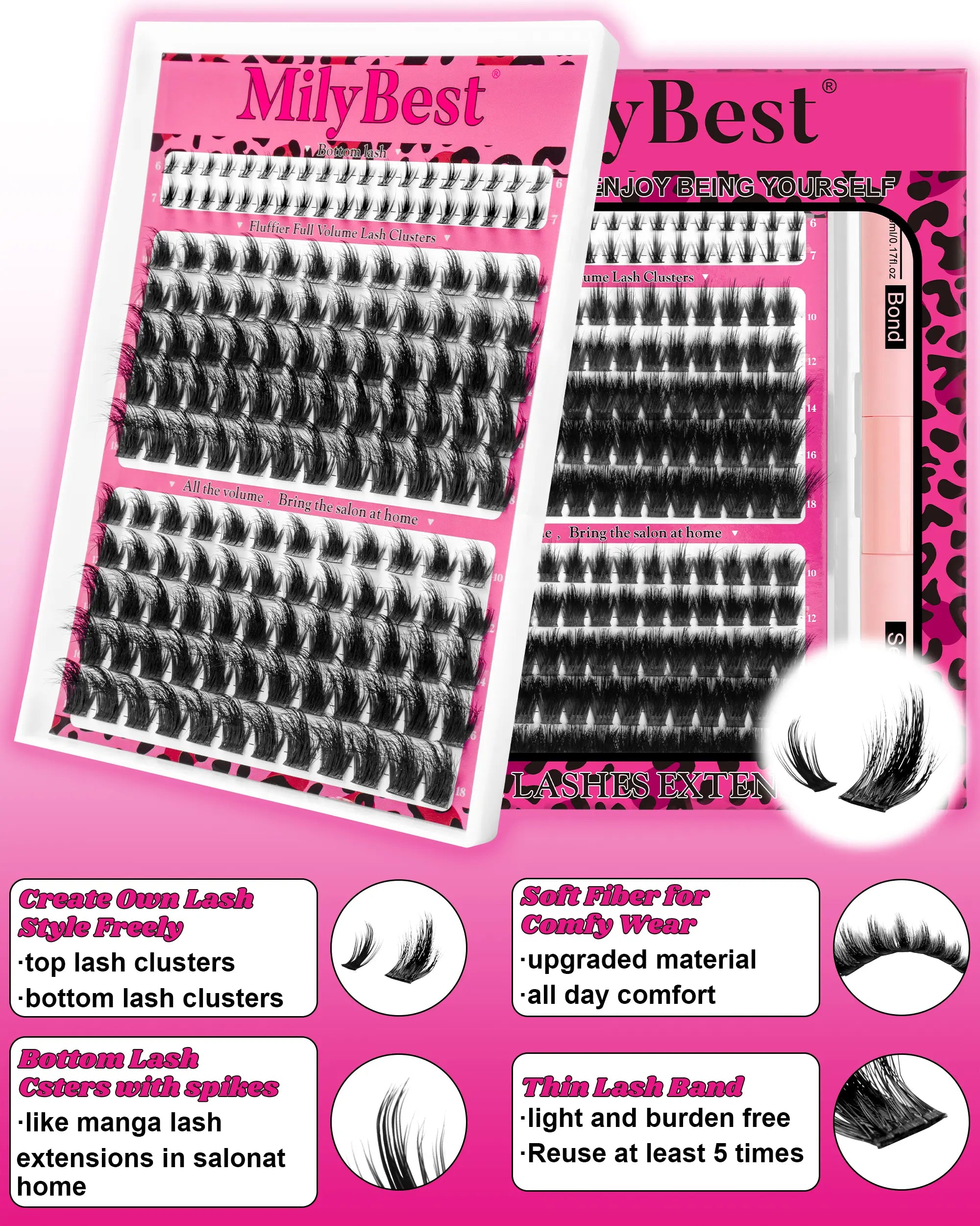 Milybest Cove Eyelashes ,1 Set Mixed Length Individval Eyelash Extensions Kit,Self Grafting False Eyelashes with Tweezers&Glue&,Prefessional Eye Makeup Accessories for Women