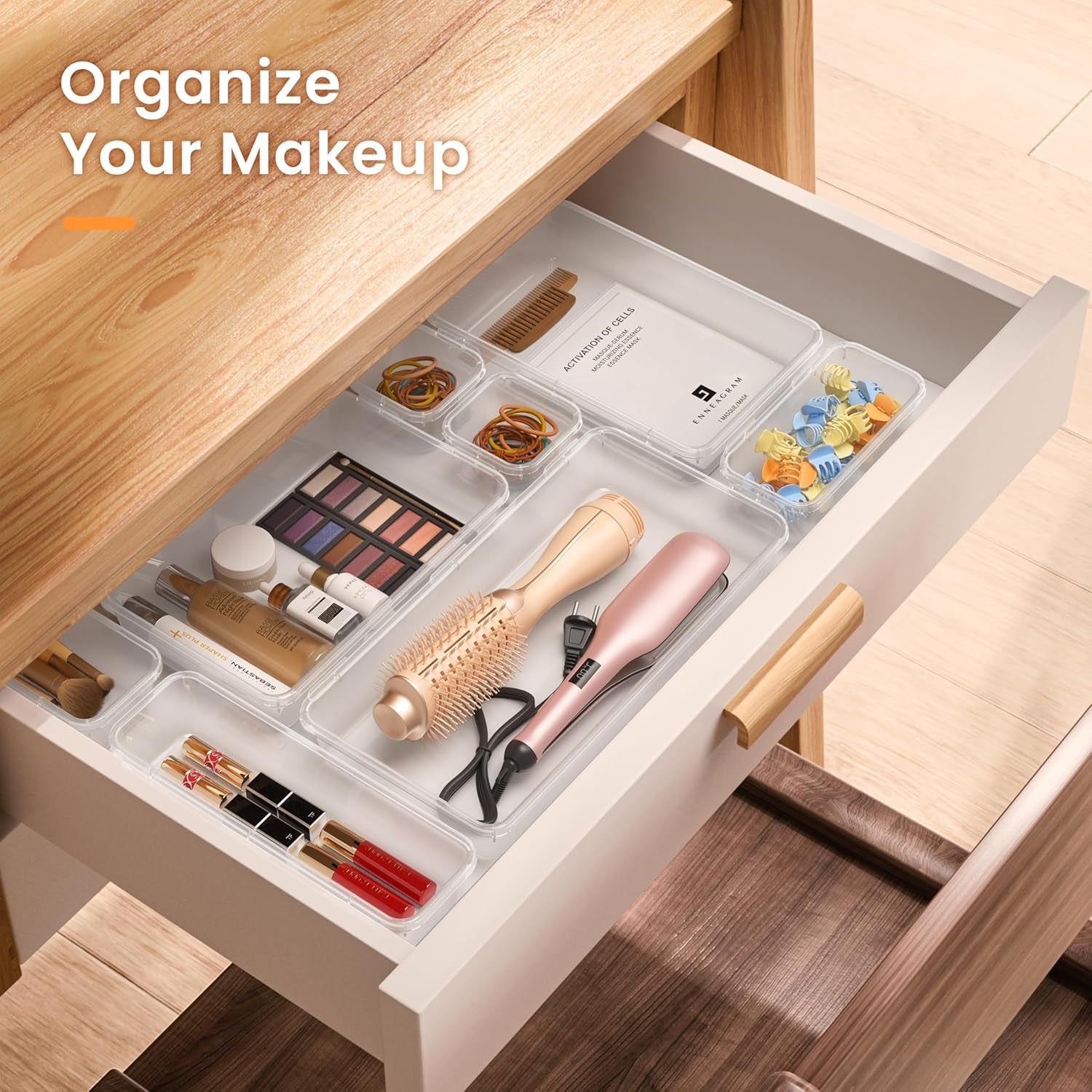 【Military Grade】 Drawer Organizer, 【𝟱𝗦𝗶𝘇𝗲】 Makeup Organizer, 【Holds 177 Items】 Bathroom Organizers and Storage, Organization and Storage, Desk Drawer Organizer for Vanity (Clear)