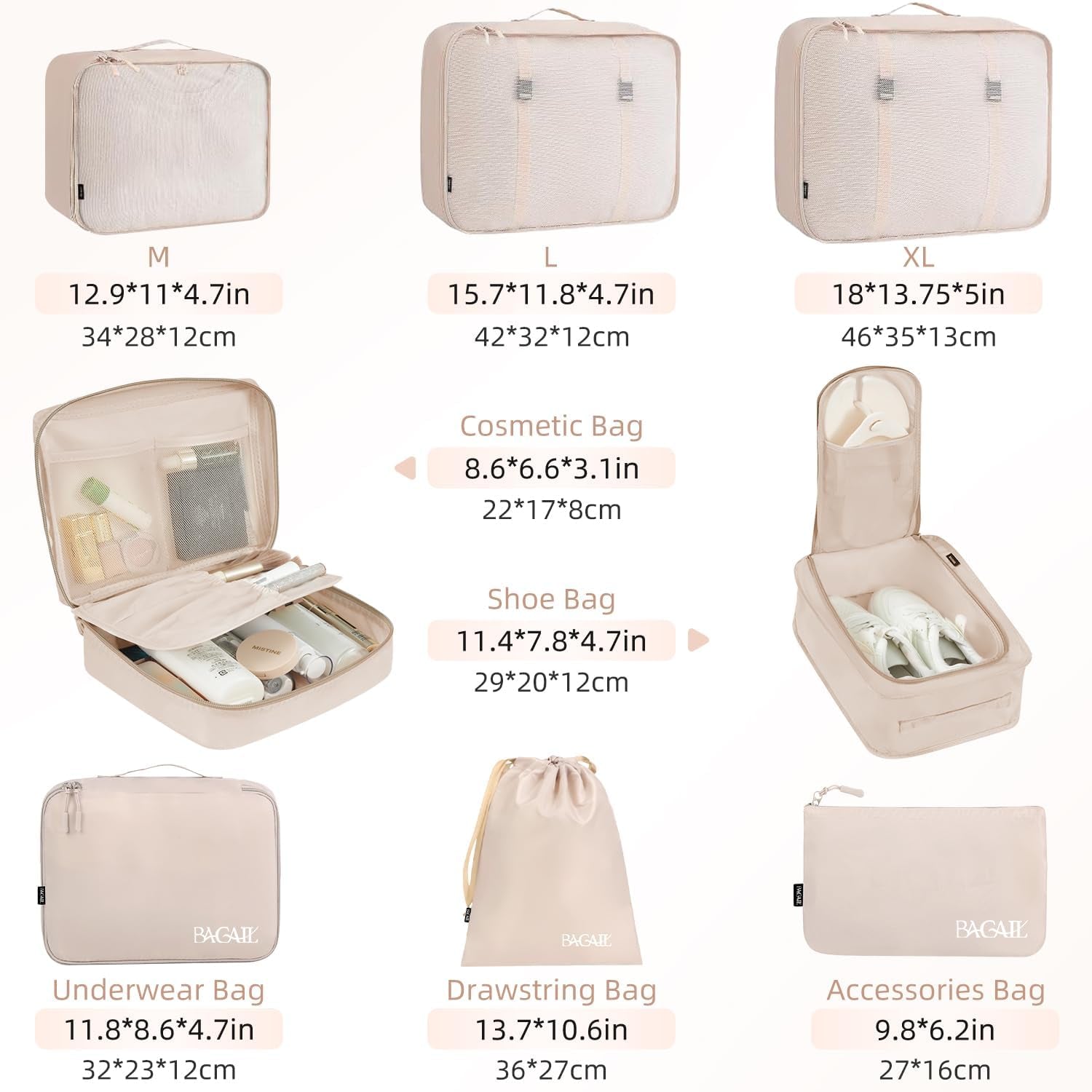 8 Set Packing Cubes Luggage Packing Organizers for Travel Accessories-Cream
