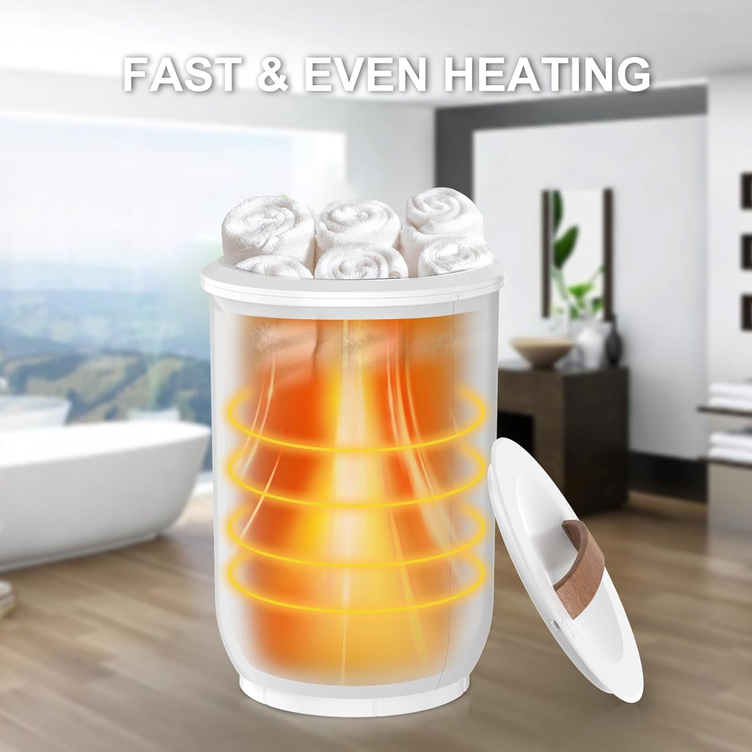 Large Towel Warmer for Bathroom - Heated Towel Warmers Bucket, Wood Handle, Auto Shut Off, Fits up to Two 40"X70" Oversized Towels, Bathrobes, Blankets, for Mother'S Gifts, White