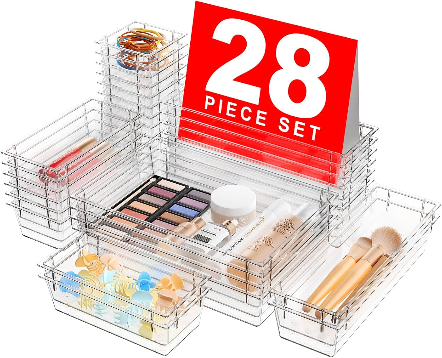 【Military Grade】 Drawer Organizer, 【𝟱𝗦𝗶𝘇𝗲】 Makeup Organizer, 【Holds 177 Items】 Bathroom Organizers and Storage, Organization and Storage, Desk Drawer Organizer for Vanity (Clear)
