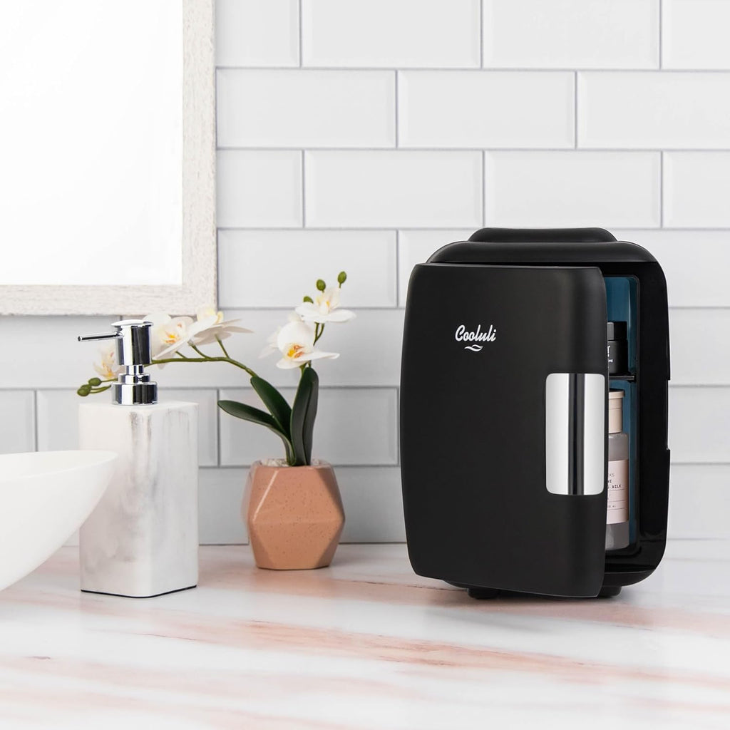 Mini Fridge for Bedroom - Car, Office Desk & Dorm Room - Portable 4L/6 Can Electric Plug in Cooler & Warmer for Food, Drinks, Skincare Beauty & Makeup - 12V AC/DC & Exclusive USB Option, Black