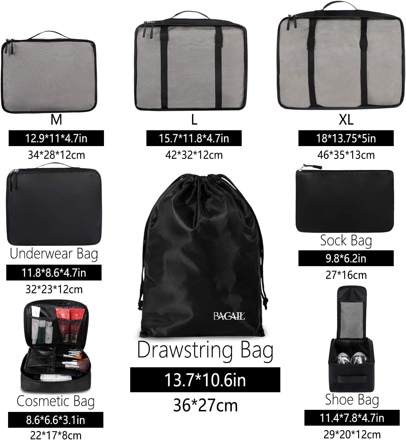 8 Set Packing Cubes Luggage Packing Organizers for Travel Accessories-Jet Black