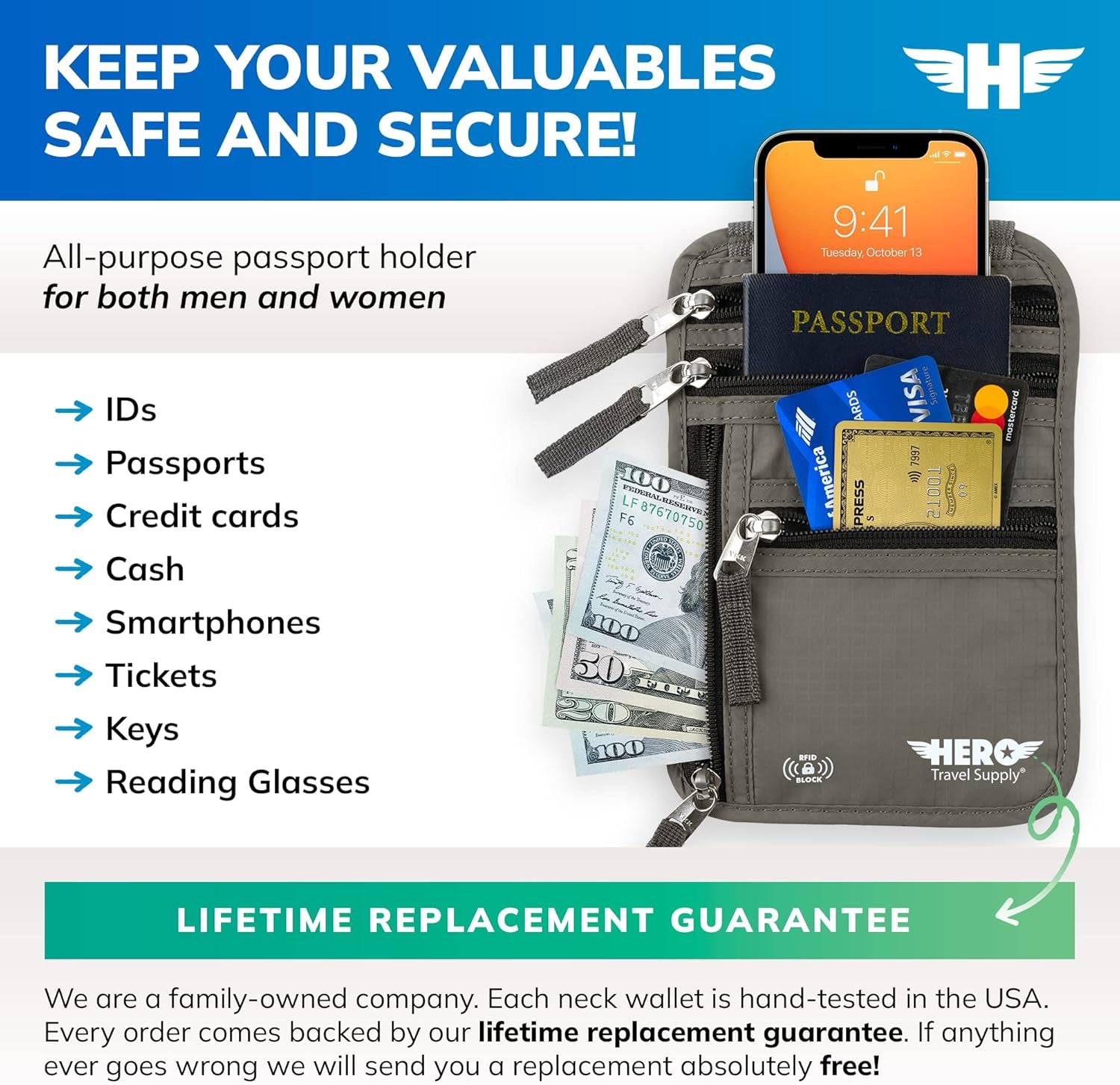 HERO Neck Wallet - RFID Blocking Passport Holder, Easy to Conceal Travel Pouch (Army Grey)