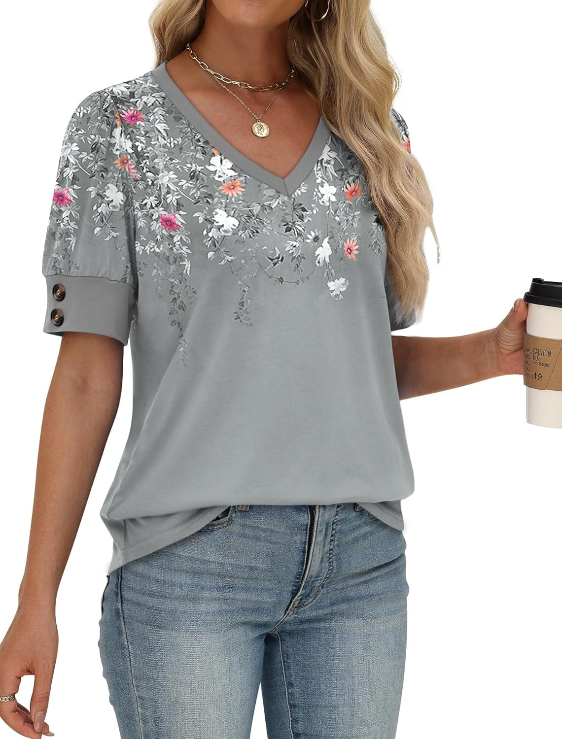 Womens Tops Short Sleeve Shirts Buttons V Neck Spring Fashion Summer Outfits plus Size Blouses Dressy Casual