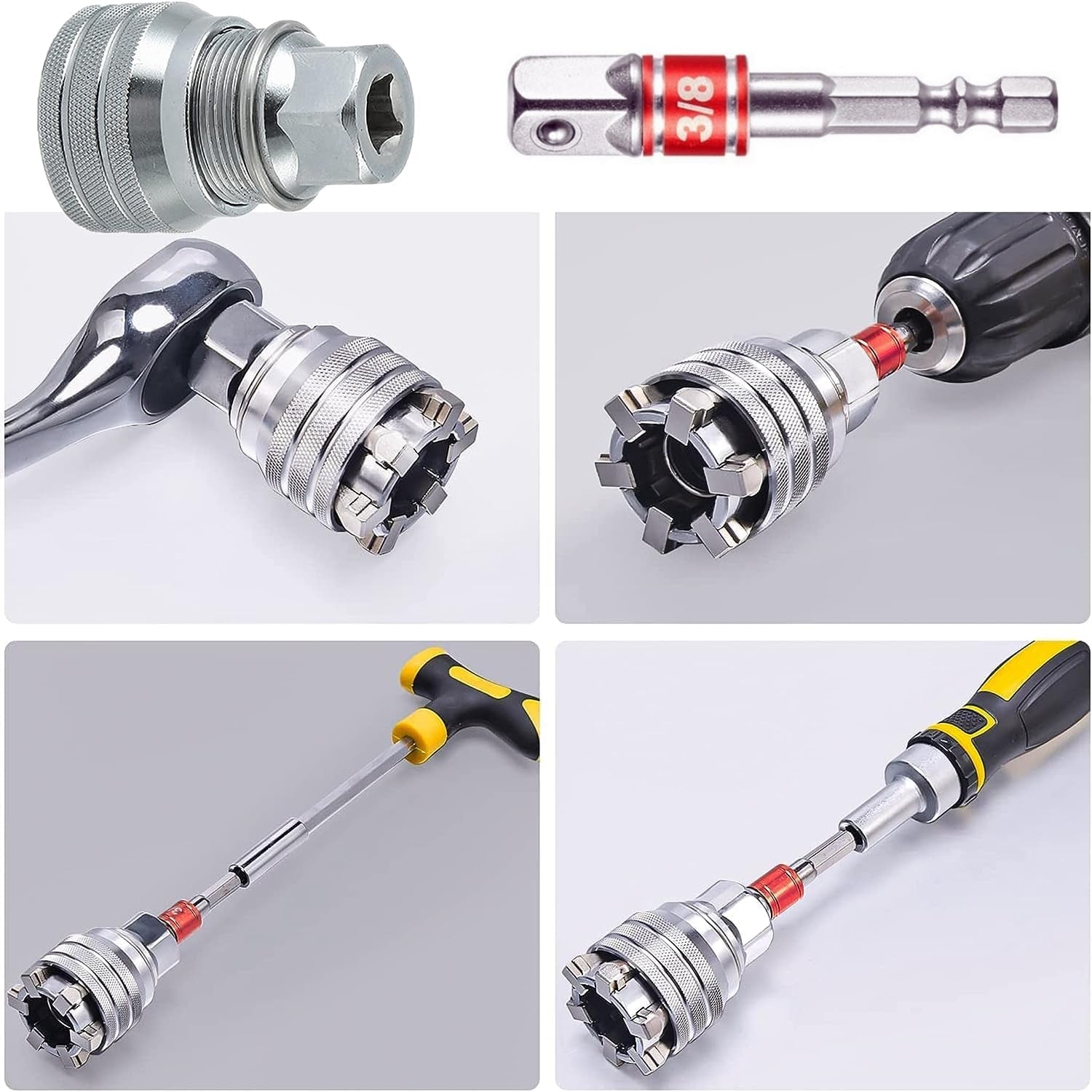 Universal Adjustable Socket Wrench with Adapter, 10-19Mm, 3/8''-3/4'' Ratchet Wrench, Updated Adjustable Drive Socket Wrench Sleeve for 3/8" Drive Ratchet Torque Wrench and Power Drill