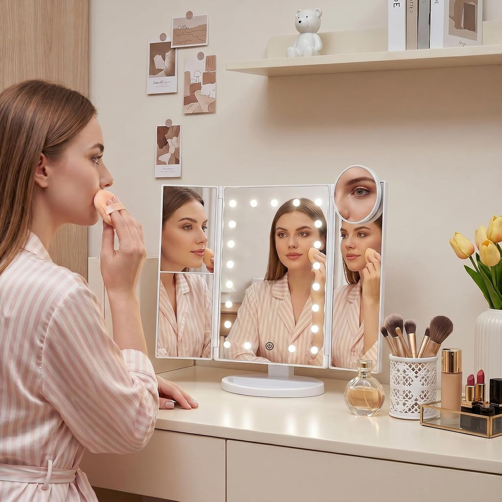 Makeup Mirror, Vanity Mirror with Lights, 2X/3X/10X Magnification, Touch Control, Trifold, Dual Power Supply, Birthday Gifts for Women, Wife, Mom, Girls,Dorm Room Essentials