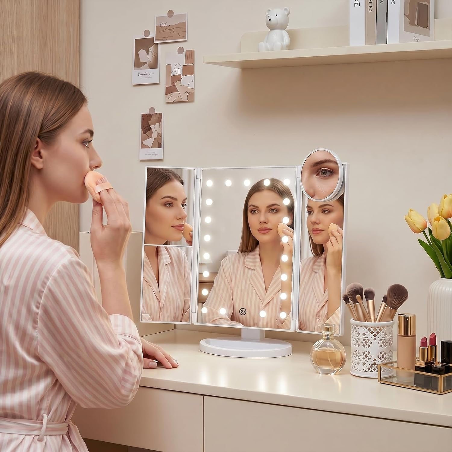 Makeup Mirror, Vanity Mirror with Lights, 2X/3X/10X Magnification, Touch Control, Trifold, Dual Power Supply, Birthday Gifts for Women, Wife, Mom, Girls,Dorm Room Essentials