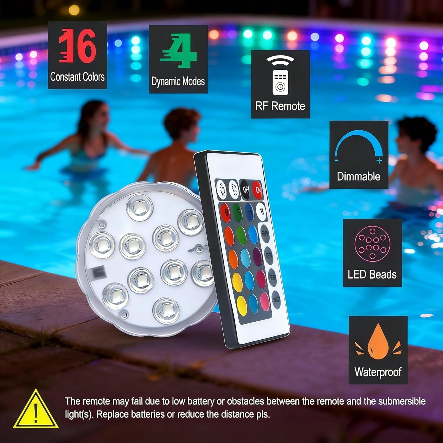 Submersible LED Lights with Remote, 16 Colors 4 Modes Battery Powered Waterproof LED Pool Lights for Inground Pool above Ground Pool Bathtub Decoration (4 Packs)