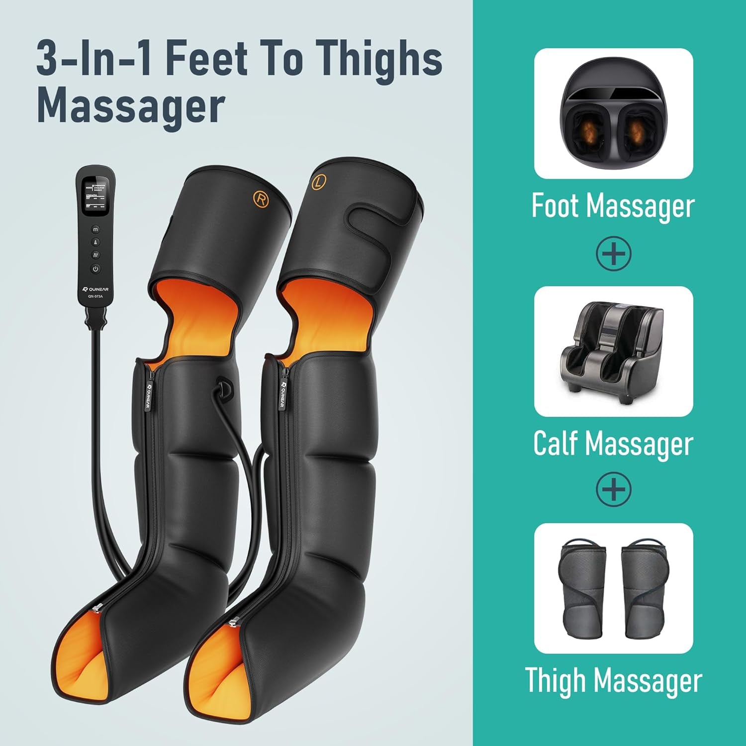 Leg Massager, 3-In-1 Foot Calf & Thigh Massager with Heat and Compression Therapy, Leg Massage Boots for Pain Relief, FSA-HSA Eligible