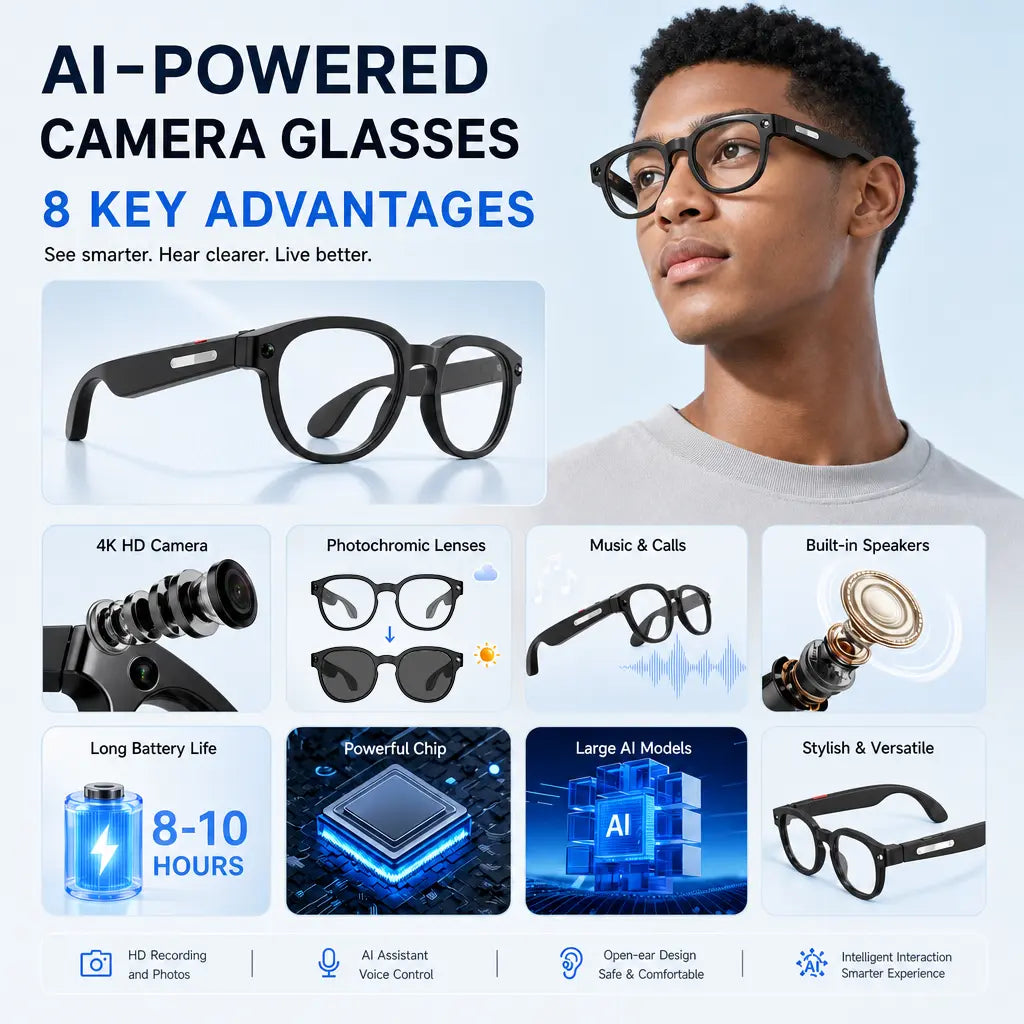 Sightflow Smart AI Camera Glasses, 8MP Photochromic Uv-Protection Lenses, 160+ Languages Real-Time Translation, Bluetooth Audio, Hands-Free Photo & Video Capture, Button Touch Control, for Travel Outdoor Daily Use, Compatible with Ios & Android